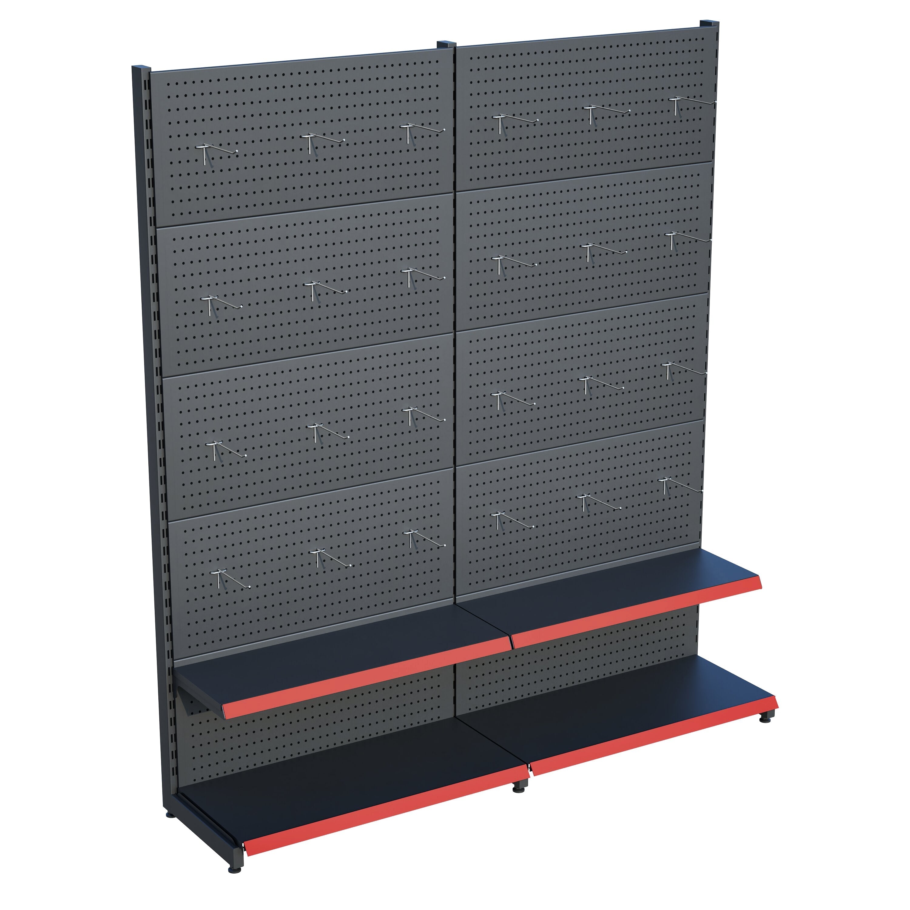 Antrasit Market Petshop Kırtasiye Rafı Hırdavat Rafı D30CMxG120CMxH220CM Antrasit Delikli Pano + Kancalı Raf