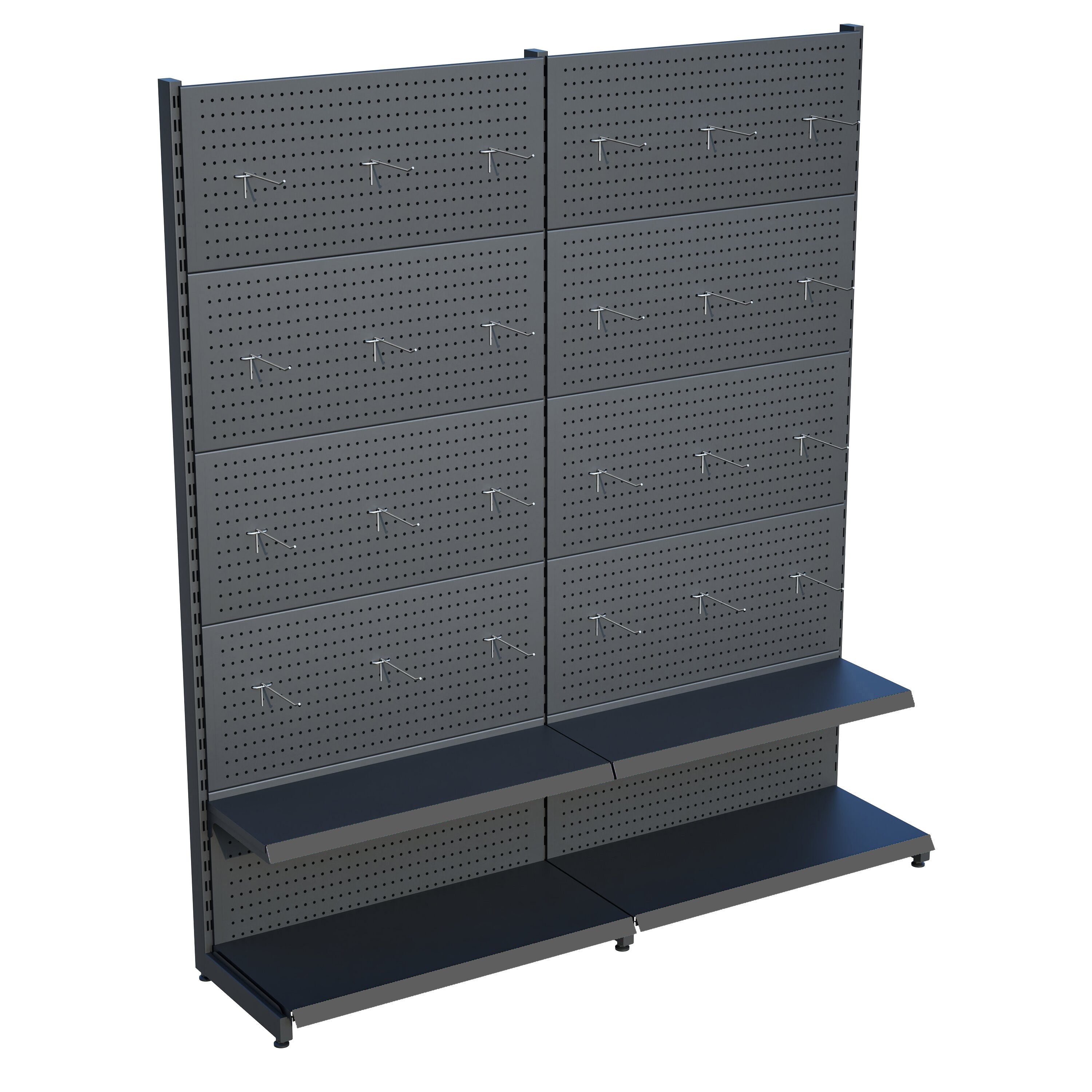 Antrasit Market Petshop Kırtasiye Rafı Hırdavat Rafı D30CMxG120CMxH220CM Antrasit Delikli Pano + Kancalı Raf