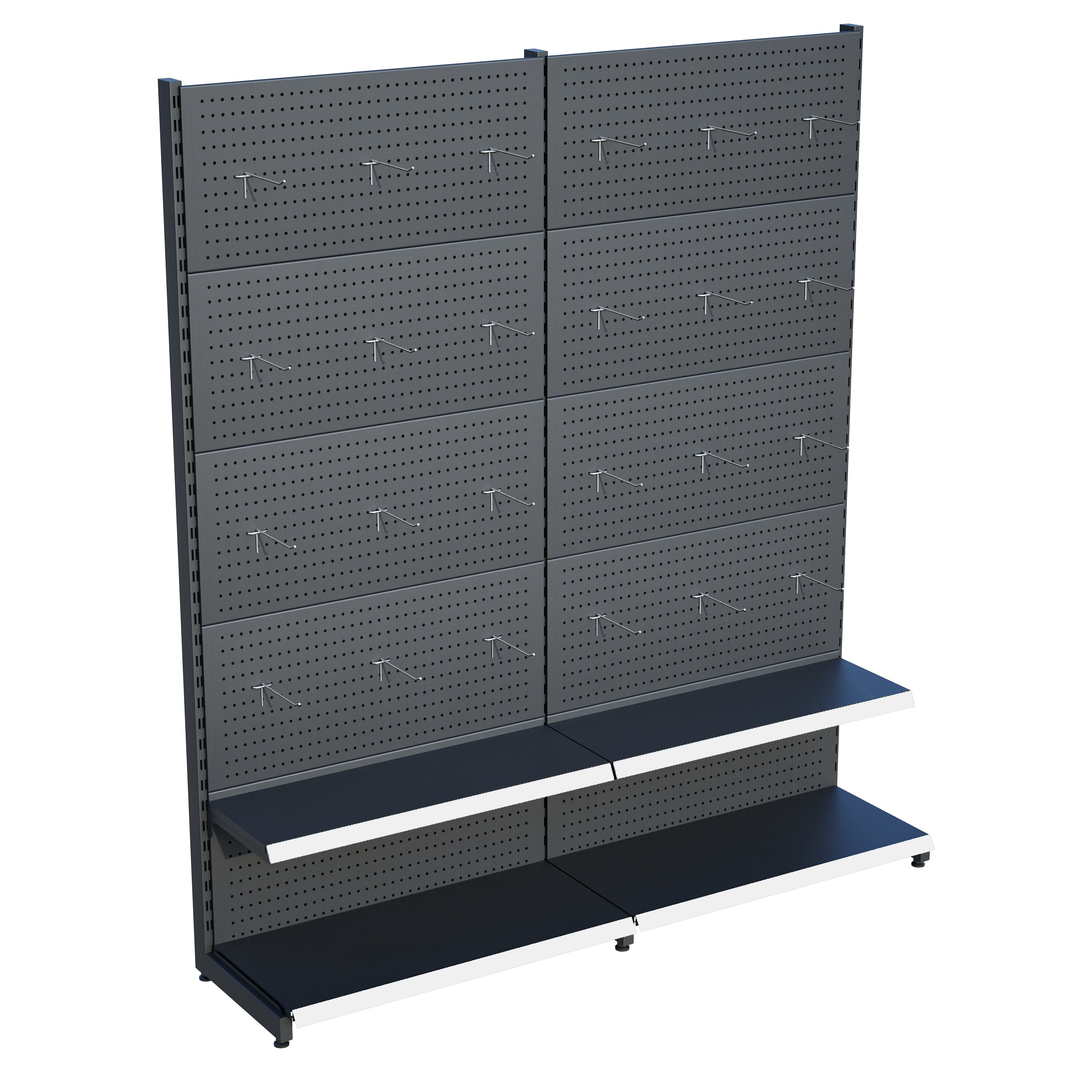 Antrasit Market Petshop Kırtasiye Rafı Hırdavat Rafı D30CMxG120CMxH220CM Antrasit Delikli Pano + Kancalı Raf