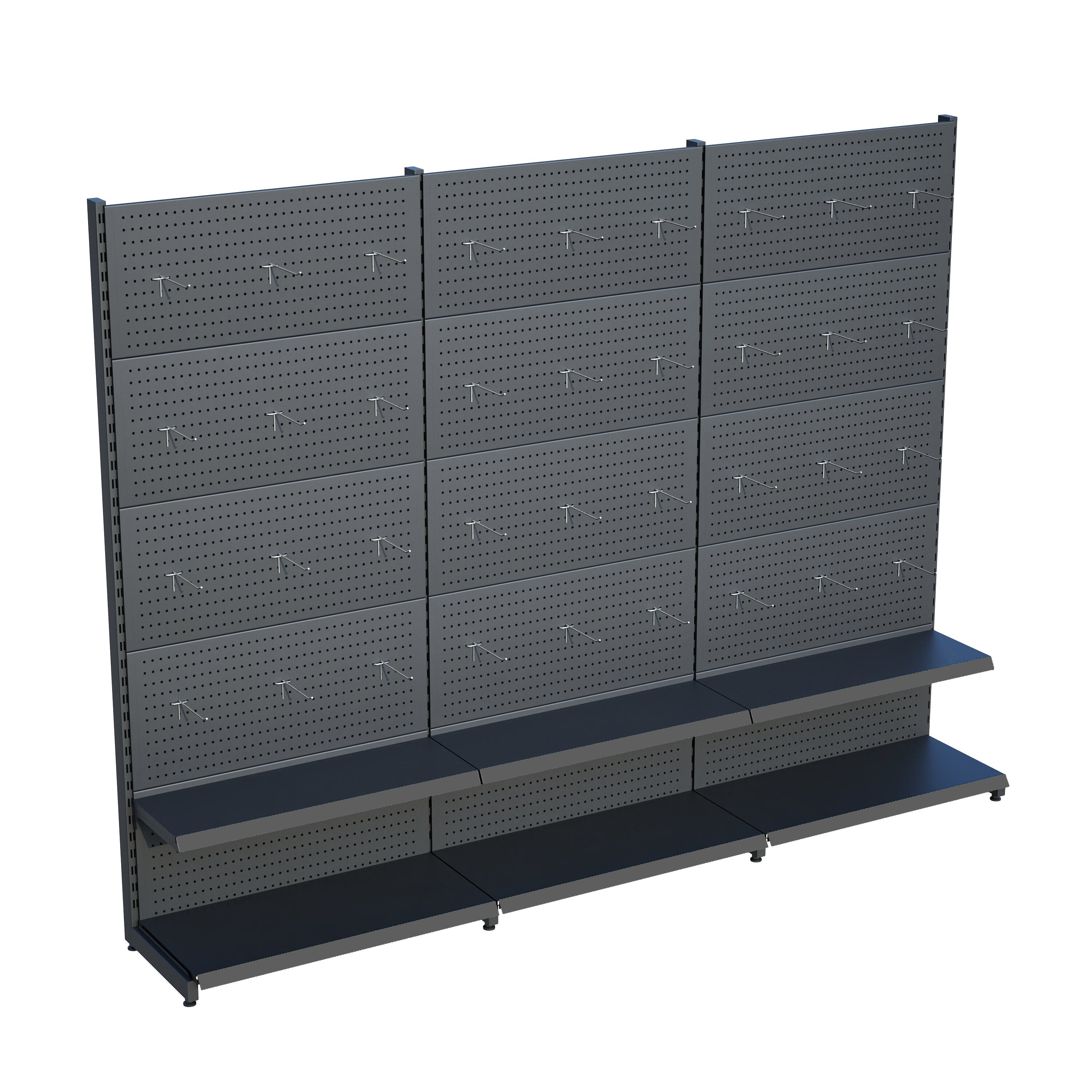 Antrasit Market Petshop Kırtasiye Rafı Hırdavat Rafı D30CMxG210CMxH220CM Antrasit Delikli Pano + Kancalı Raf