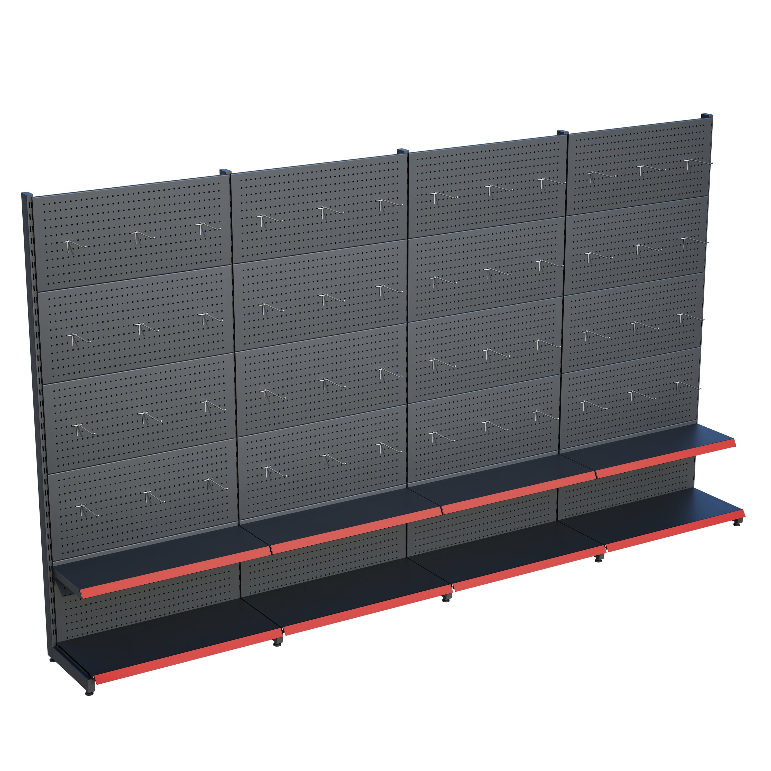 Antrasit Market Petshop Kırtasiye Rafı Hırdavat Rafı D30CMxG240CMxH220CM Antrasit Delikli Pano + Kancalı Raf