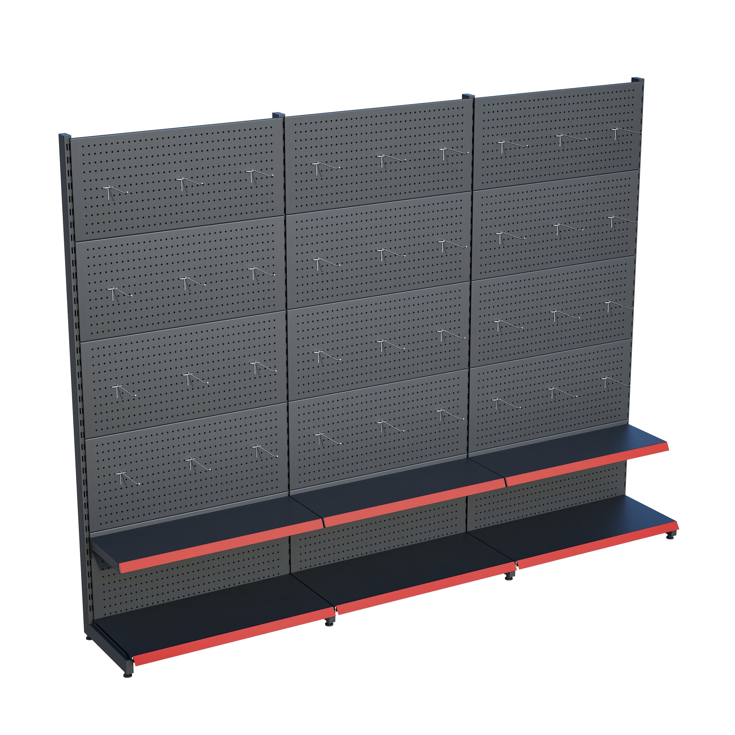 Antrasit Market Petshop Kırtasiye Rafı Hırdavat Rafı D30CMxG300CMxH220CM Antrasit Delikli Pano + Kancalı Raf