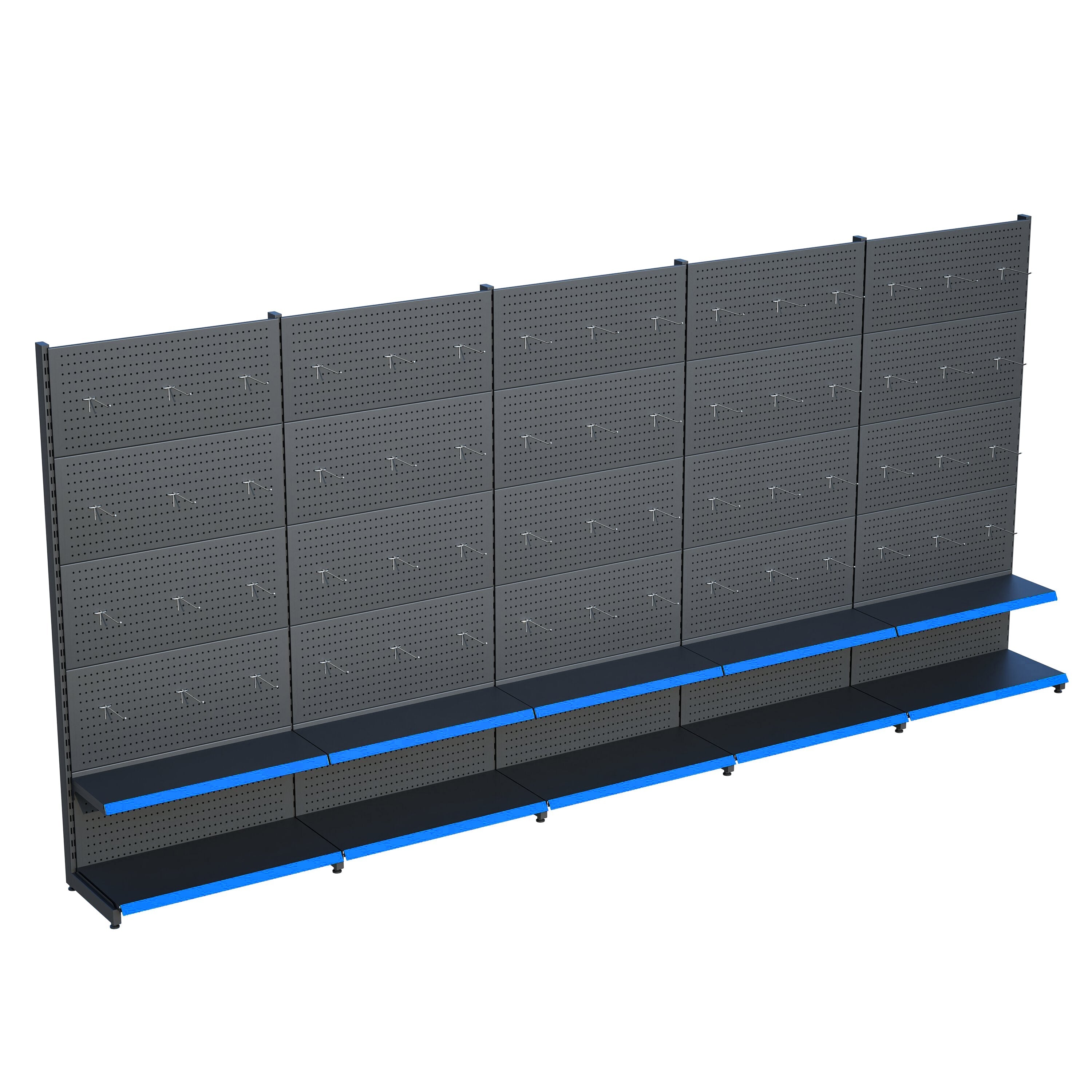 Antrasit Market Petshop Kırtasiye Rafı Hırdavat Rafı D30CMxG300CMxH220CM Antrasit Delikli Pano + Kancalı Raf