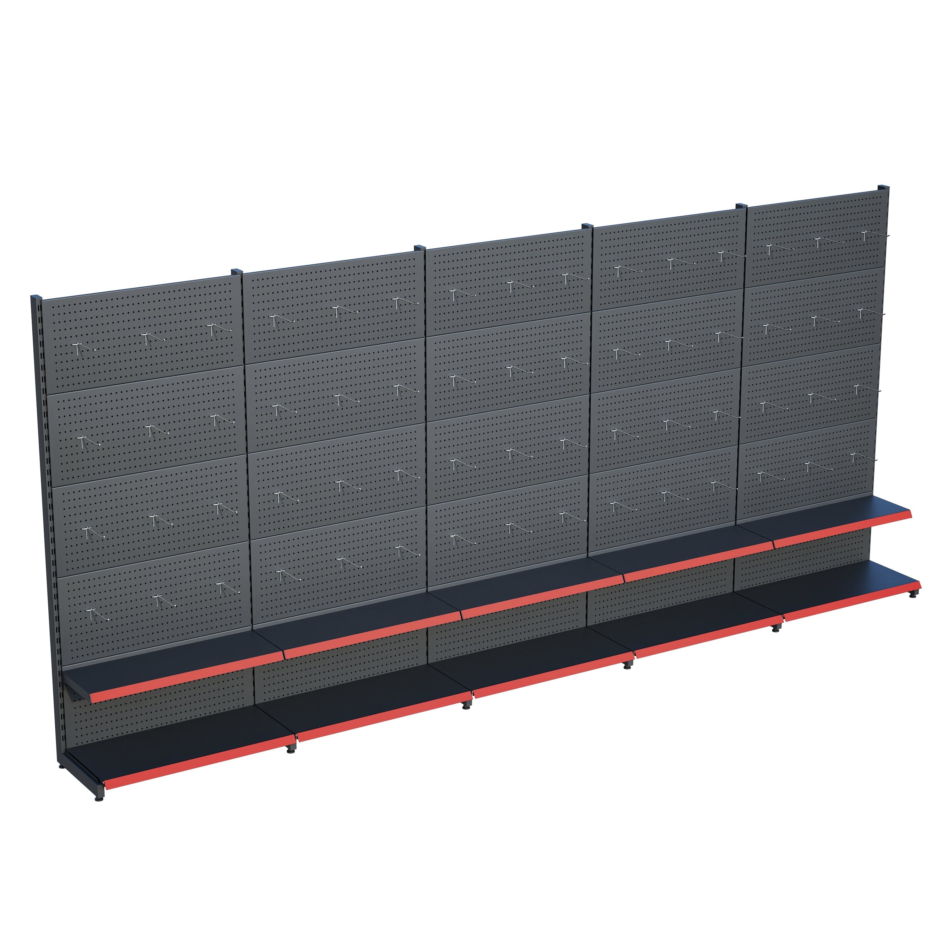 Antrasit Market Petshop Kırtasiye Rafı Hırdavat Rafı D30CMxG500CMxH220CM Antrasit Delikli Pano + Kancalı Raf