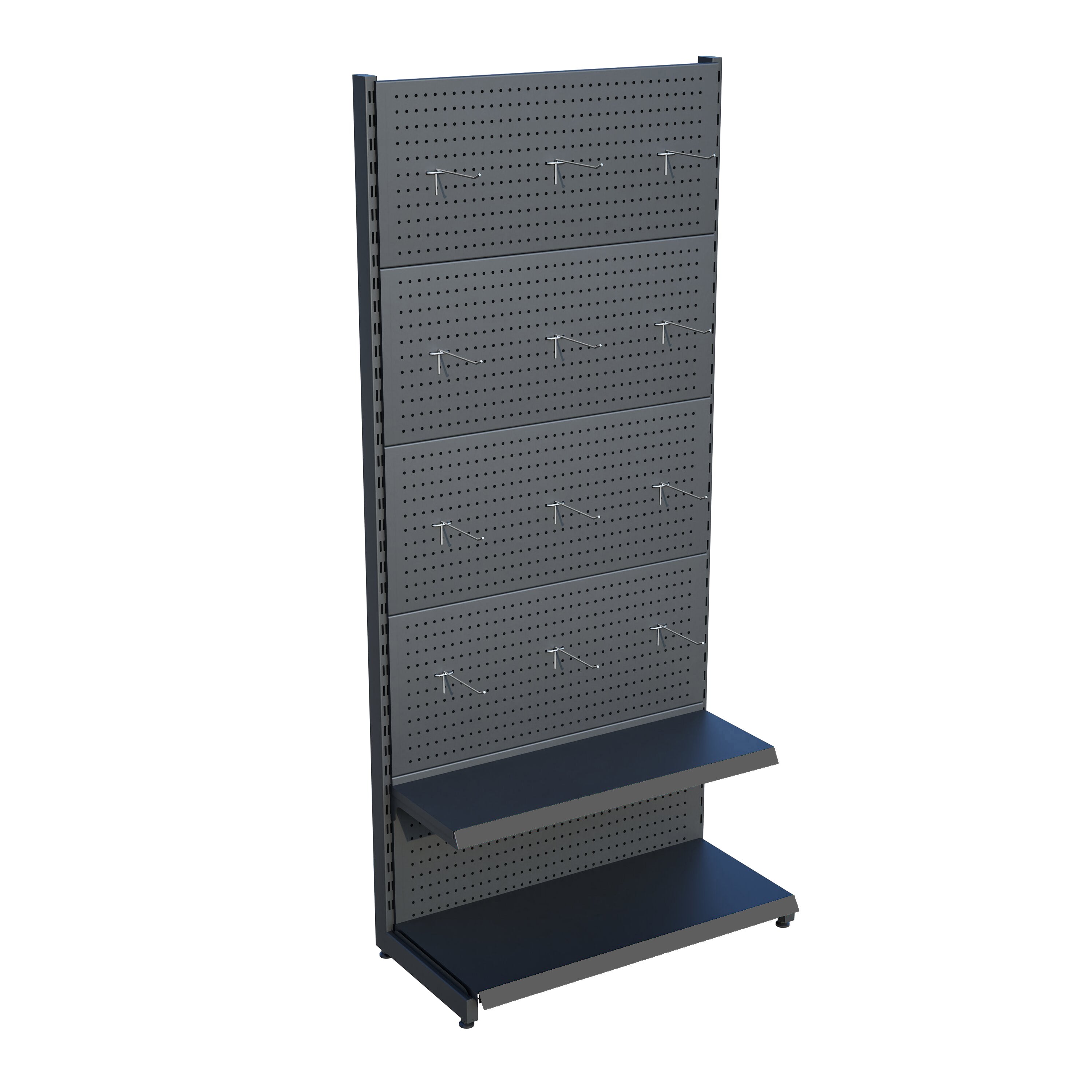 Antrasit Market Petshop Kırtasiye Rafı Hırdavat Rafı D30CMxG60CMxH220CM Antrasit Delikli Pano + Kancalı Raf