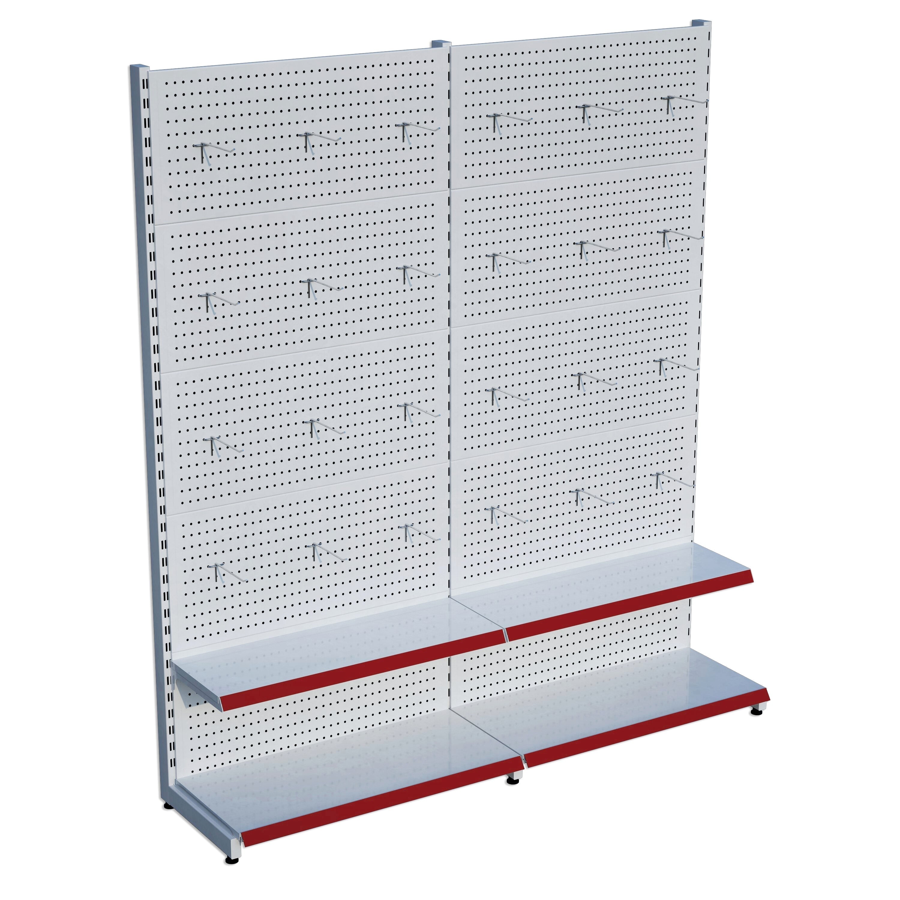 Beyaz Market Petshop Kırtasiye Rafı Hırdavat Rafı D30CMxG160CMxH220CM Beyaz Delikli Pano + Kancalı Raf