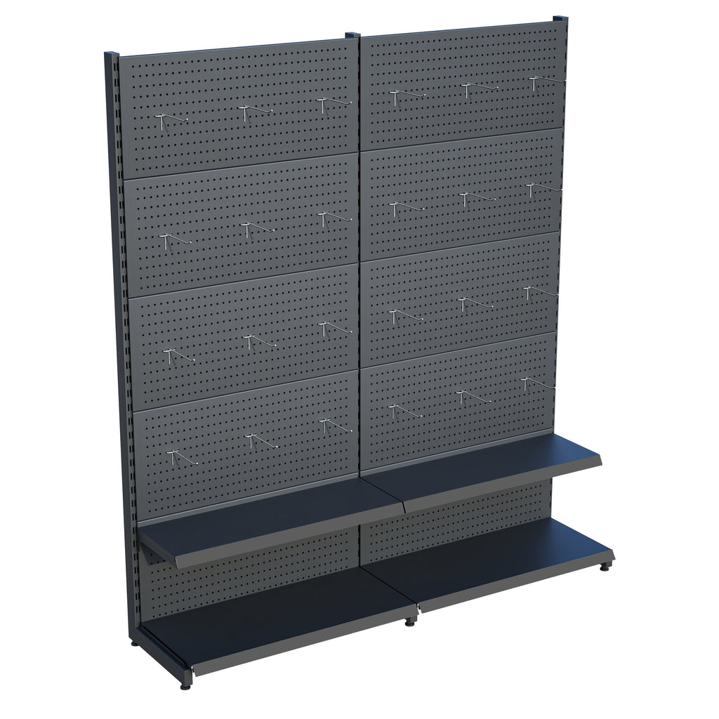 Antrasit Market Petshop Kırtasiye Rafı Hırdavat Rafı D30CMxG140CMxH220CM Antrasit Delikli Pano + Kancalı Raf