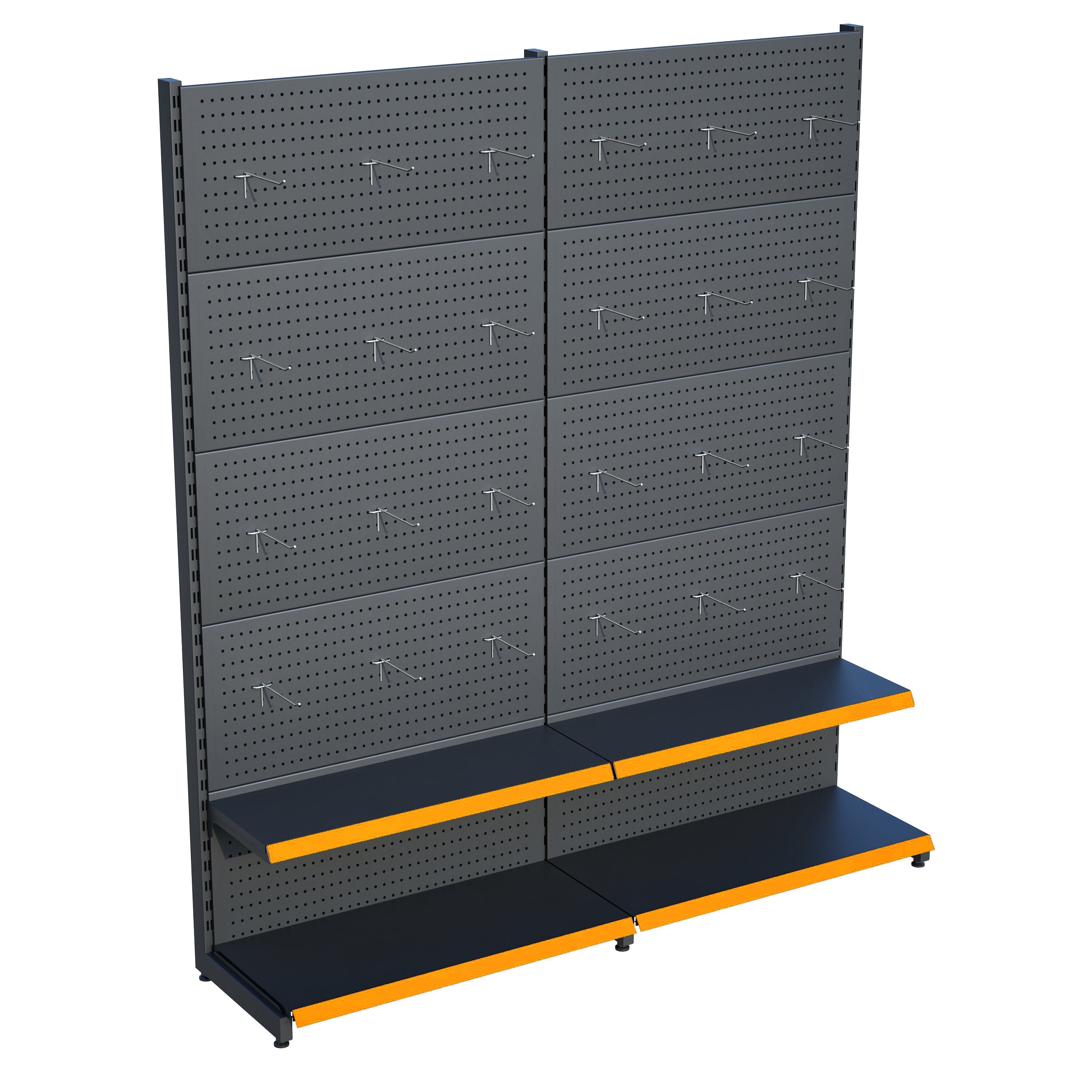 Antrasit Market Petshop Kırtasiye Rafı Hırdavat Rafı D30CMxG160CMxH220CM Antrasit Delikli Pano + Kancalı Raf