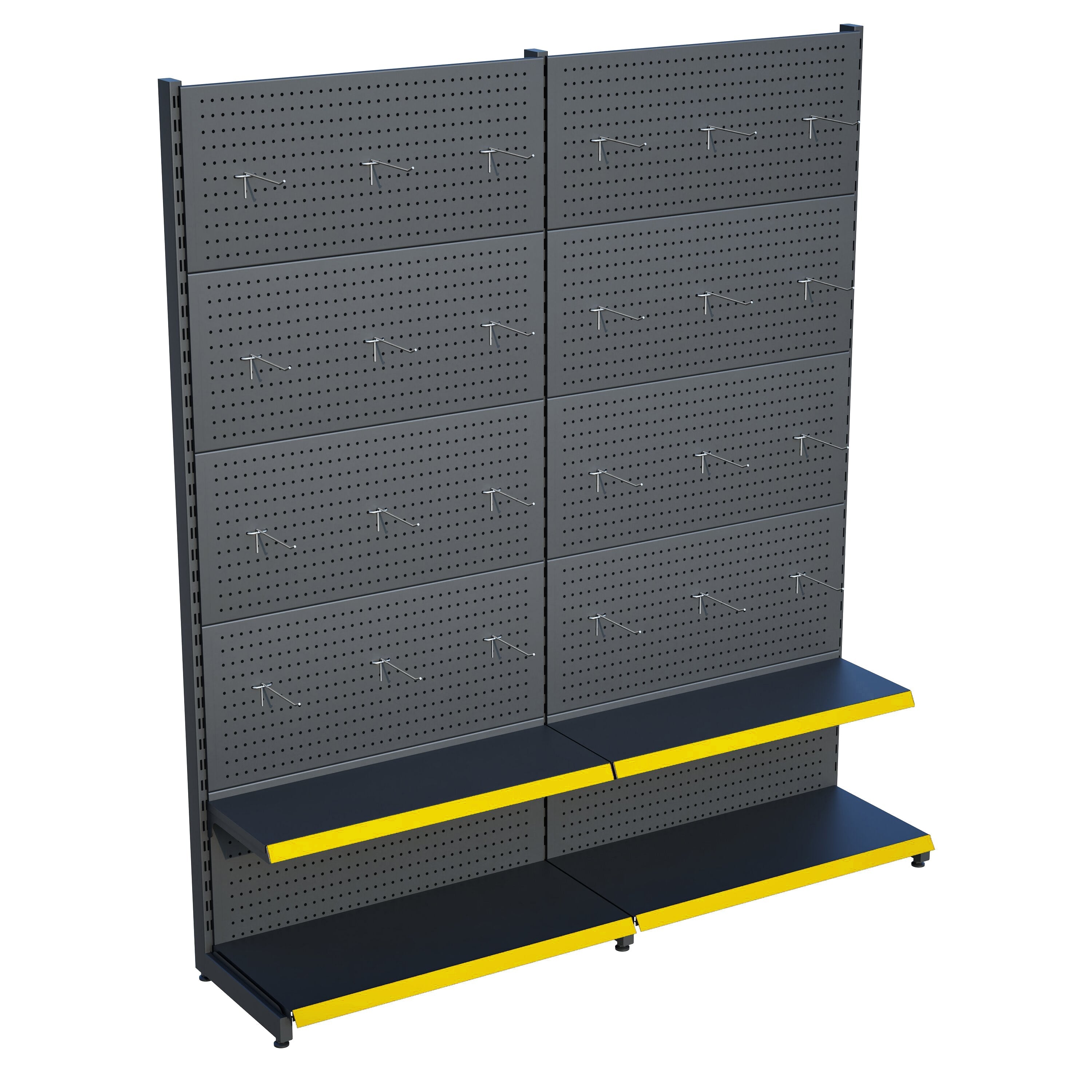 Antrasit Market Petshop Kırtasiye Rafı Hırdavat Rafı D30CMxG200CMxH220CM Antrasit Delikli Pano + Kancalı Raf