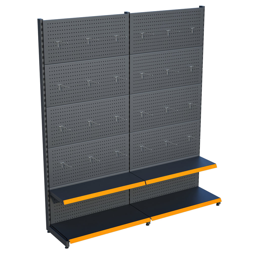 Antrasit Market Petshop Kırtasiye Rafı Hırdavat Rafı D30CMxG200CMxH220CM Antrasit Delikli Pano + Kancalı Raf