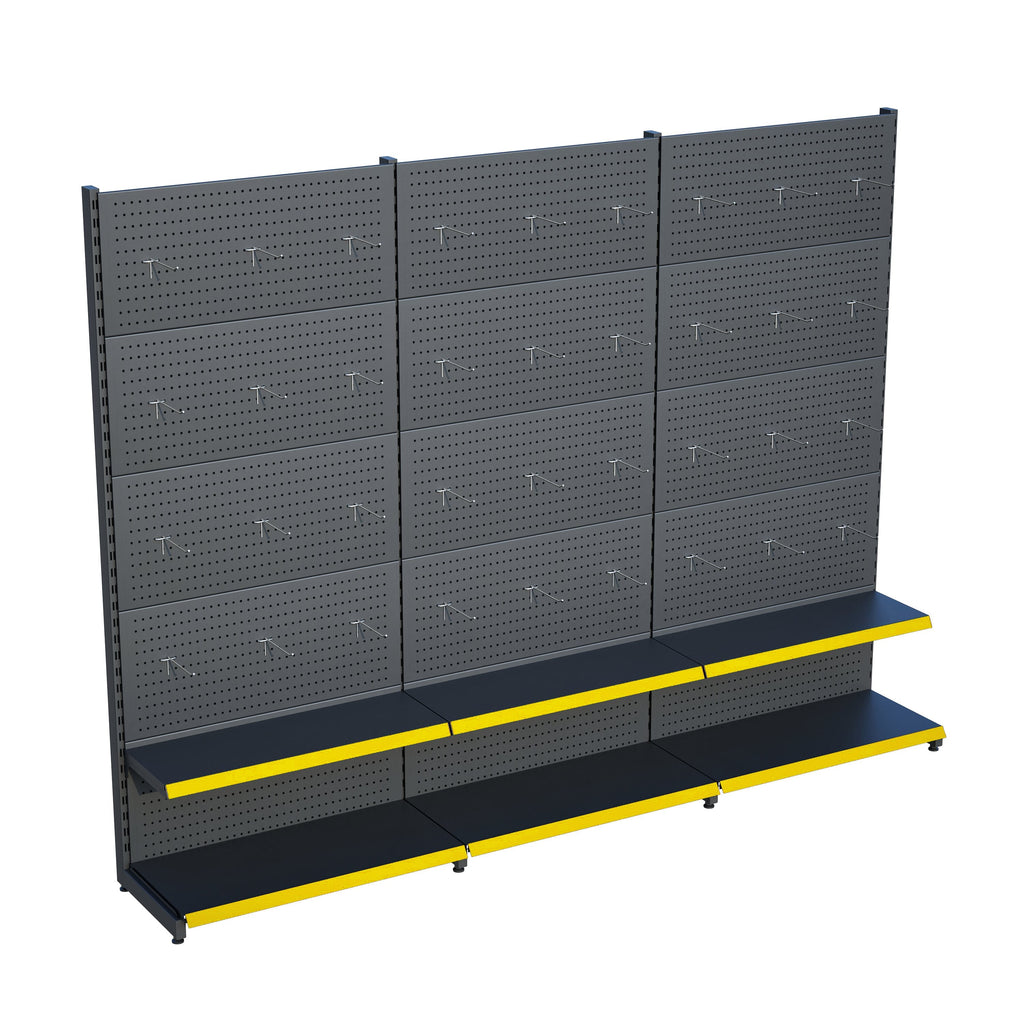 Antrasit Market Petshop Kırtasiye Rafı Hırdavat Rafı D30CMxG210CMxH220CM Antrasit Delikli Pano + Kancalı Raf