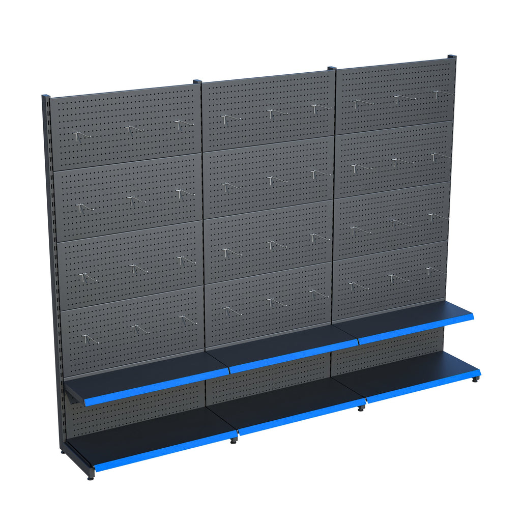 Antrasit Market Petshop Kırtasiye Rafı Hırdavat Rafı D30CMxG210CMxH220CM Antrasit Delikli Pano + Kancalı Raf