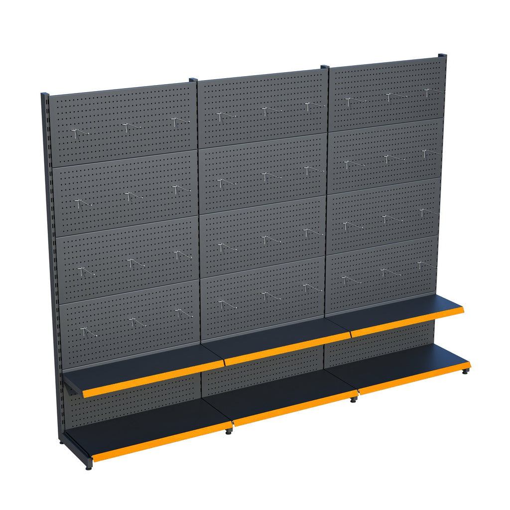 Antrasit Market Petshop Kırtasiye Rafı Hırdavat Rafı D30CMxG240CMxH220CM Antrasit Delikli Pano + Kancalı Raf