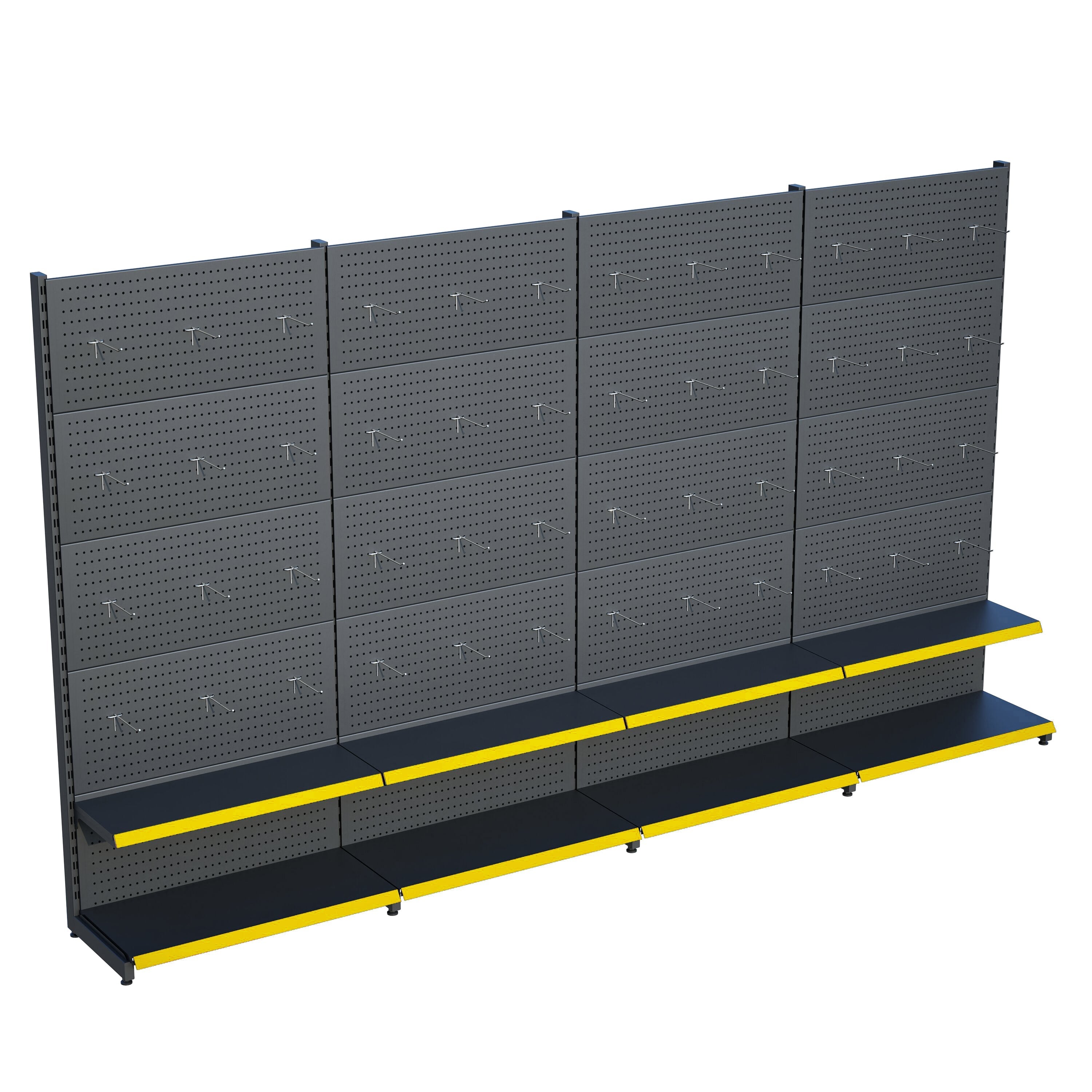 Antrasit Market Petshop Kırtasiye Rafı Hırdavat Rafı D30CMxG240CMxH220CM Antrasit Delikli Pano + Kancalı Raf