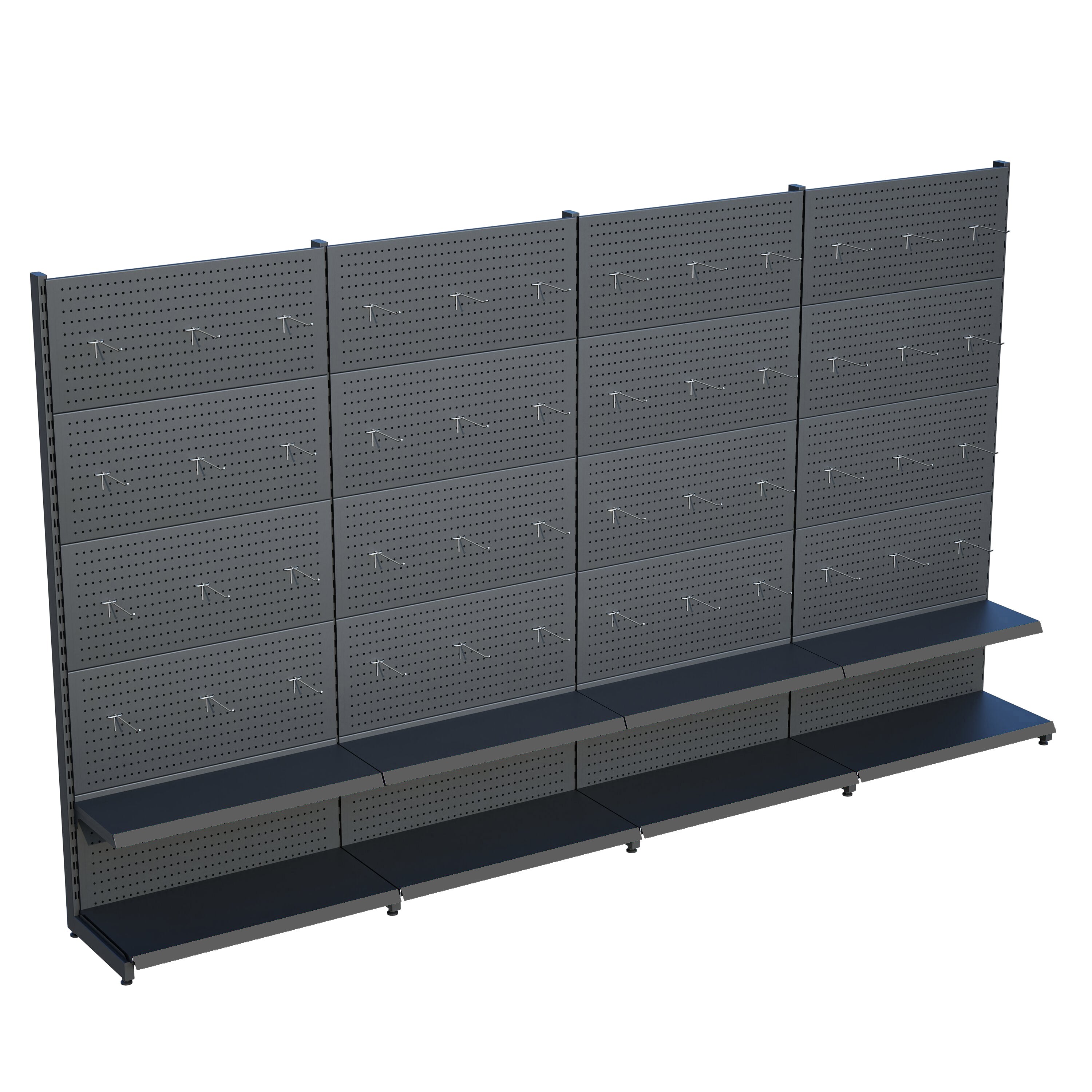 Antrasit Market Petshop Kırtasiye Rafı Hırdavat Rafı D30CMxG240CMxH220CM Antrasit Delikli Pano + Kancalı Raf