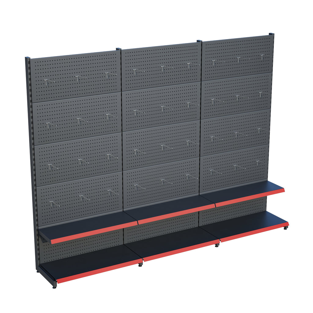 Antrasit Market Petshop Kırtasiye Rafı Hırdavat Rafı D30CMxG240CMxH220CM Antrasit Delikli Pano + Kancalı Raf