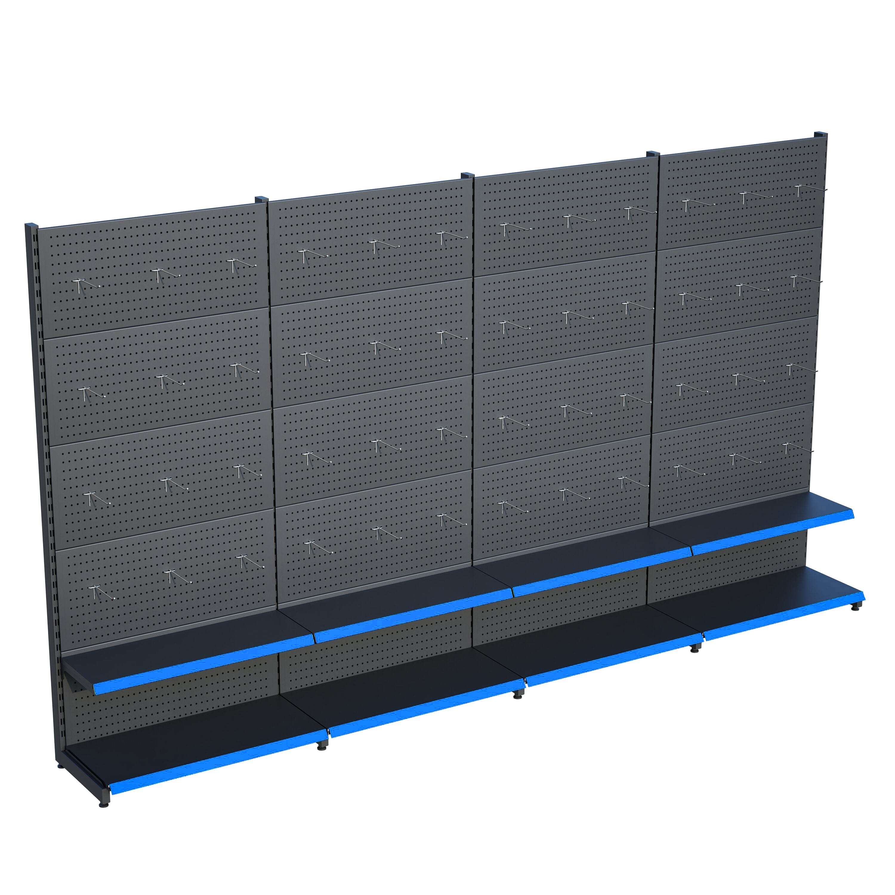 Antrasit Market Petshop Kırtasiye Rafı Hırdavat Rafı D30CMxG280CMxH220CM Antrasit Delikli Pano + Kancalı Raf