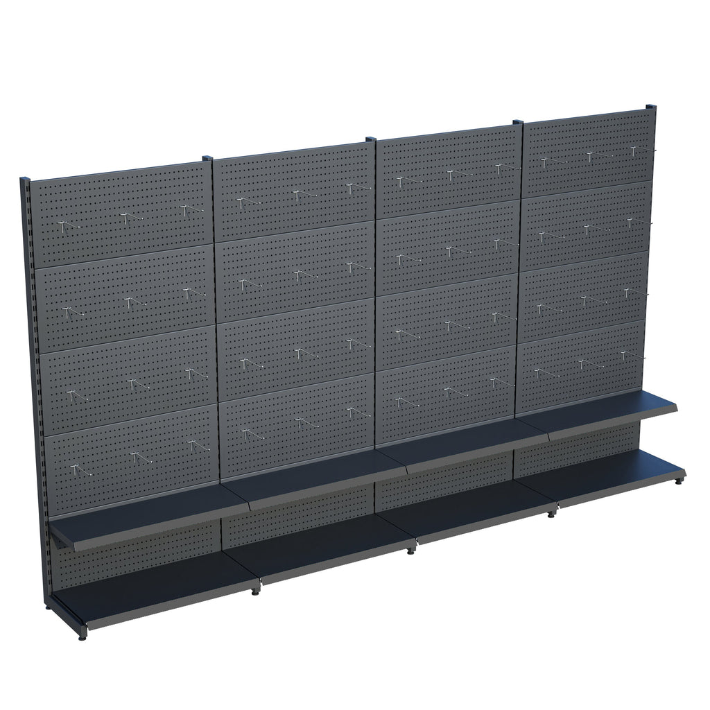 Antrasit Market Petshop Kırtasiye Rafı Hırdavat Rafı D30CMxG280CMxH220CM Antrasit Delikli Pano + Kancalı Raf