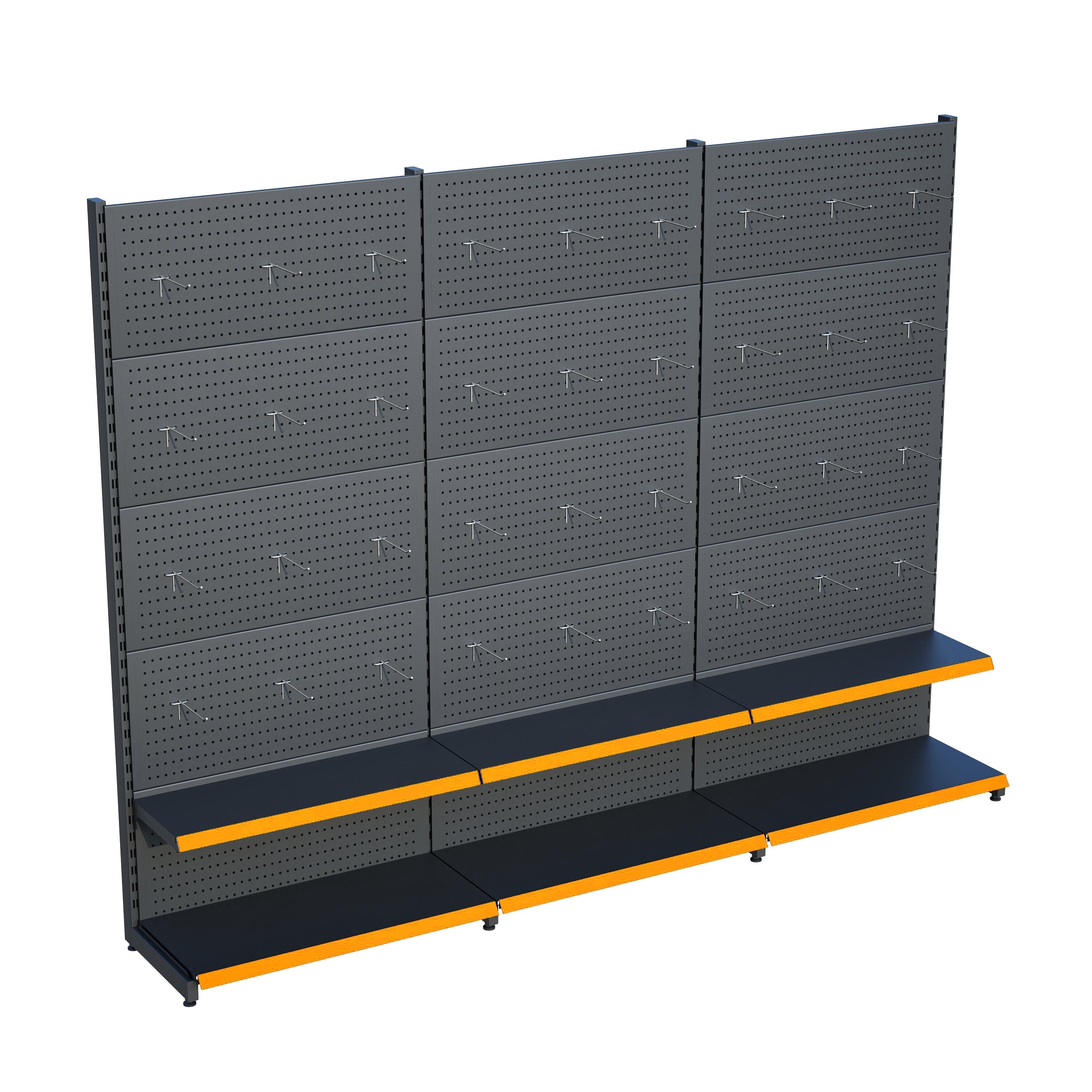 Antrasit Market Petshop Kırtasiye Rafı Hırdavat Rafı D30CMxG300CMxH220CM Antrasit Delikli Pano + Kancalı Raf