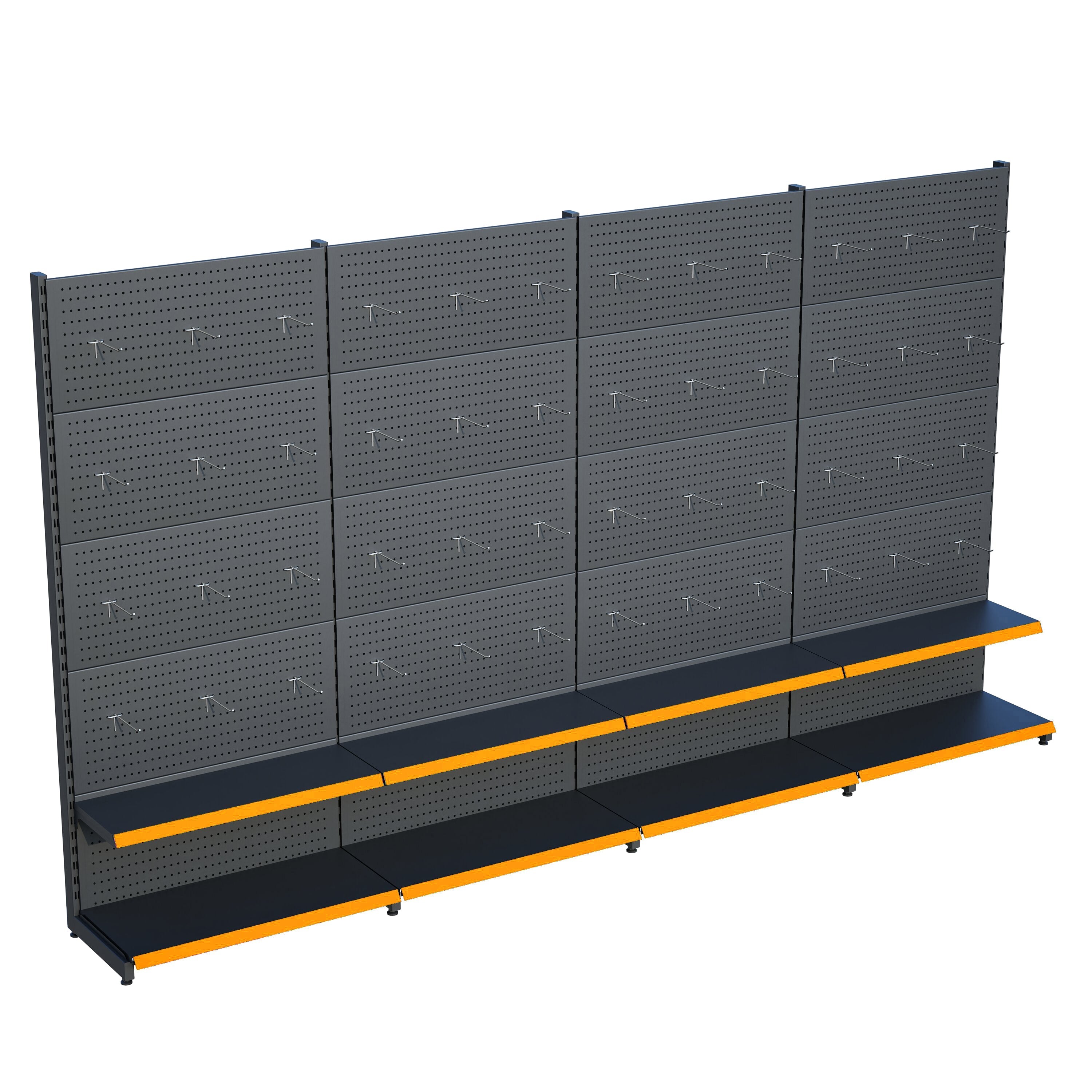 Antrasit Market Petshop Kırtasiye Rafı Hırdavat Rafı D30CMxG320CMxH220CM Antrasit Delikli Pano + Kancalı Raf