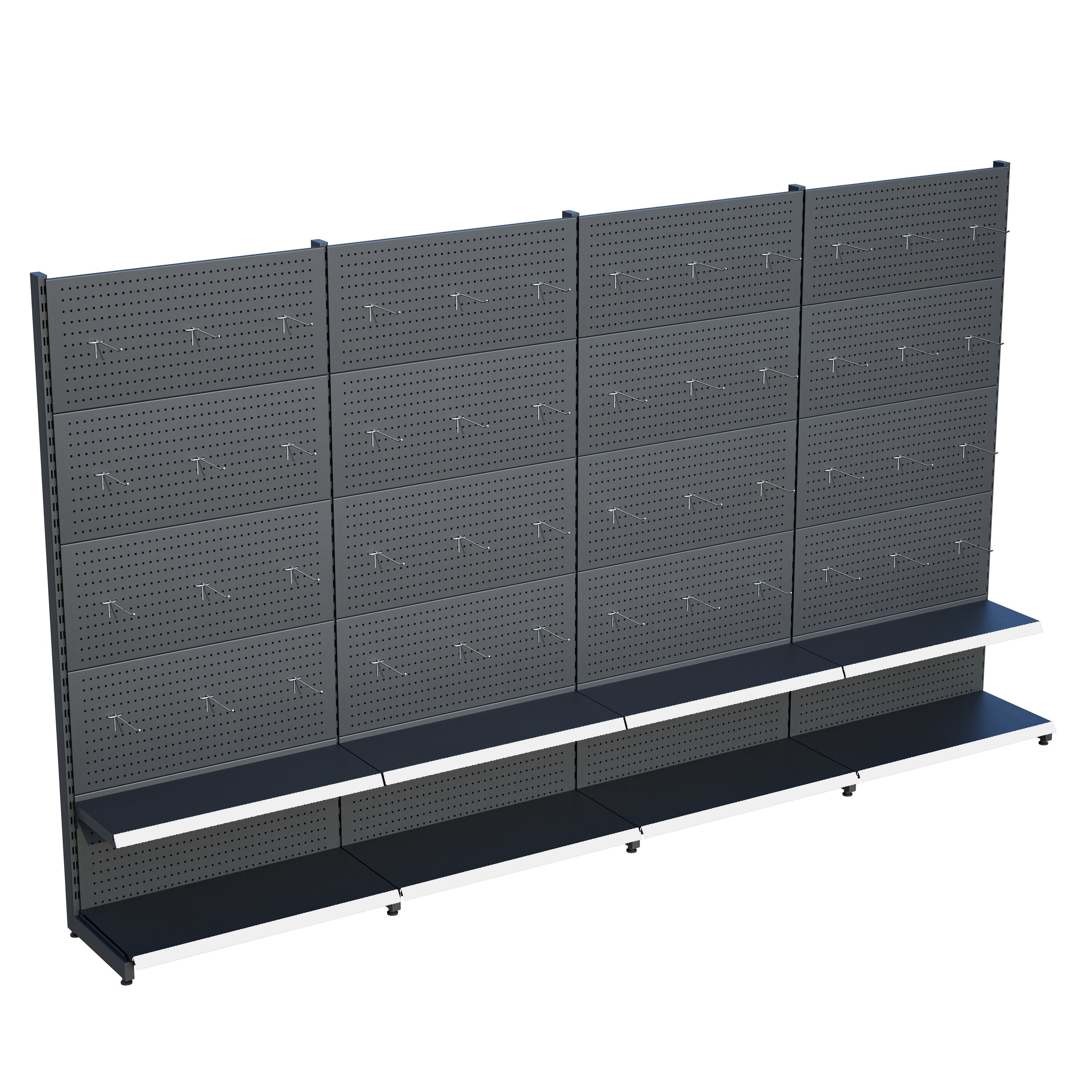 Antrasit Market Petshop Kırtasiye Rafı Hırdavat Rafı D30CMxG320CMxH220CM Antrasit Delikli Pano + Kancalı Raf