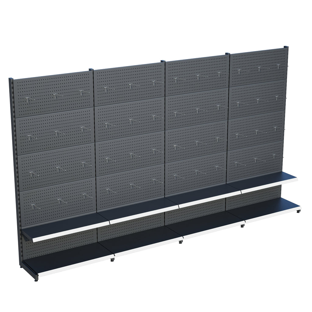 Antrasit Market Petshop Kırtasiye Rafı Hırdavat Rafı D30CMxG400CMxH220CM Antrasit Delikli Pano + Kancalı Raf