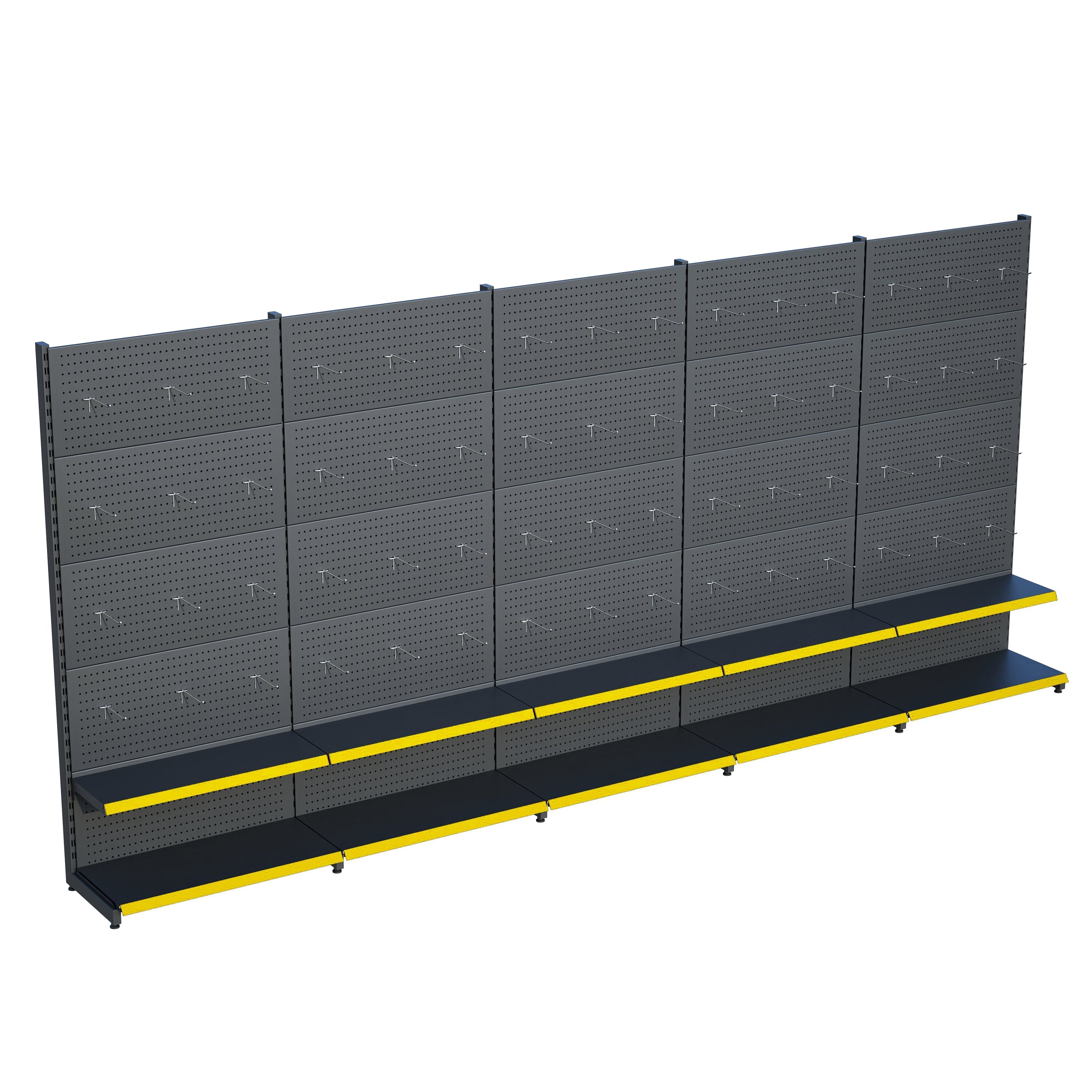 Antrasit Market Petshop Kırtasiye Rafı Hırdavat Rafı D30CMxG400CMxH220CM Antrasit Delikli Pano + Kancalı Raf