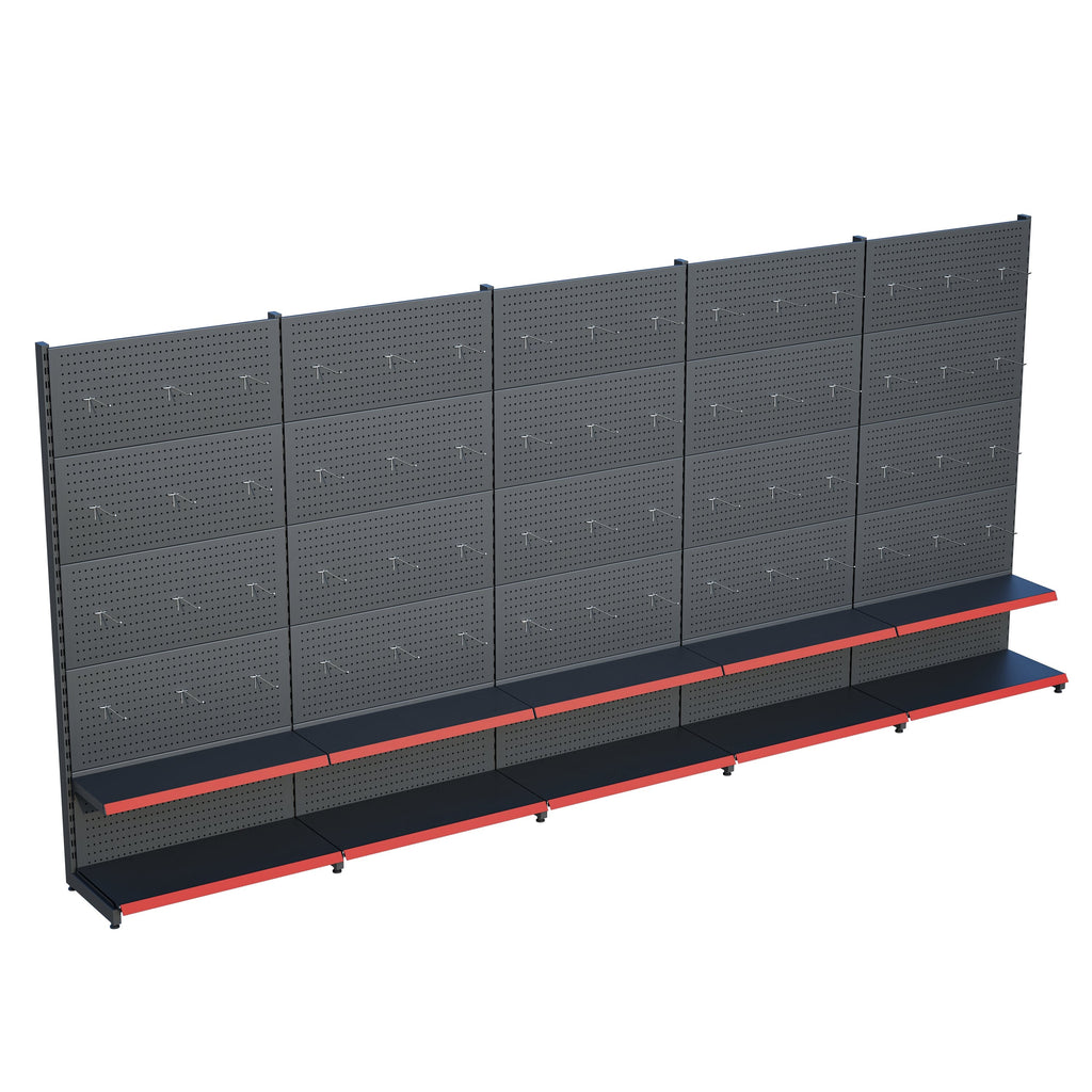 Antrasit Market Petshop Kırtasiye Rafı Hırdavat Rafı D30CMxG400CMxH220CM Antrasit Delikli Pano + Kancalı Raf