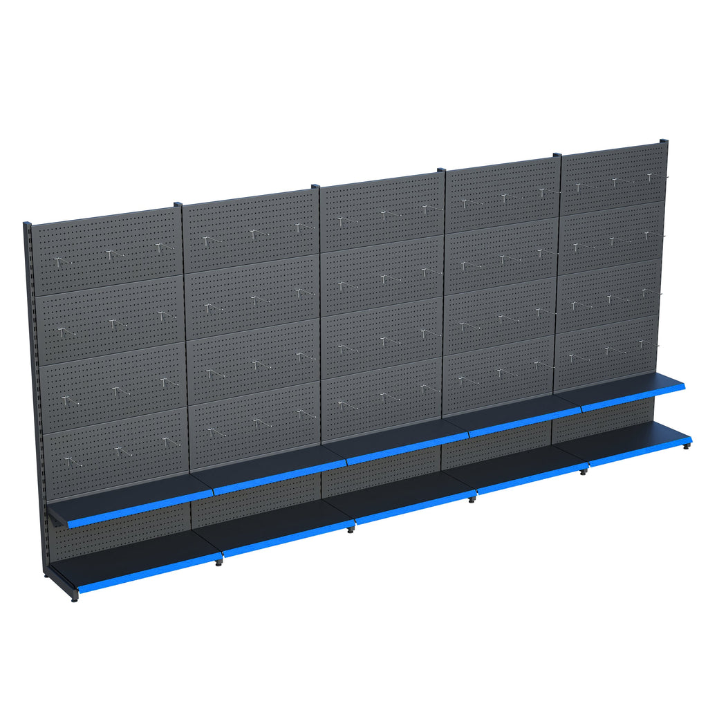 Antrasit Market Petshop Kırtasiye Rafı Hırdavat Rafı D30CMxG400CMxH220CM Antrasit Delikli Pano + Kancalı Raf