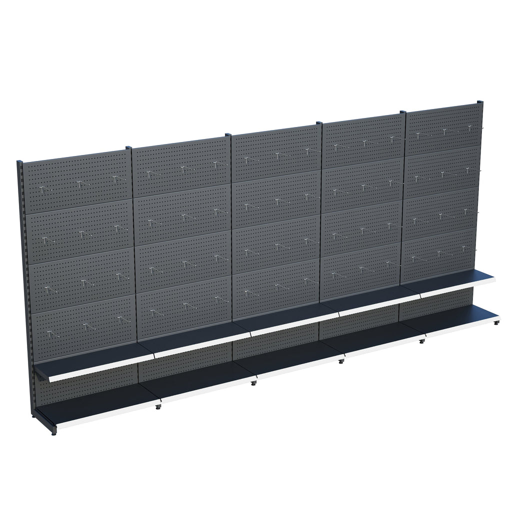 Antrasit Market Petshop Kırtasiye Rafı Hırdavat Rafı D30CMxG400CMxH220CM Antrasit Delikli Pano + Kancalı Raf