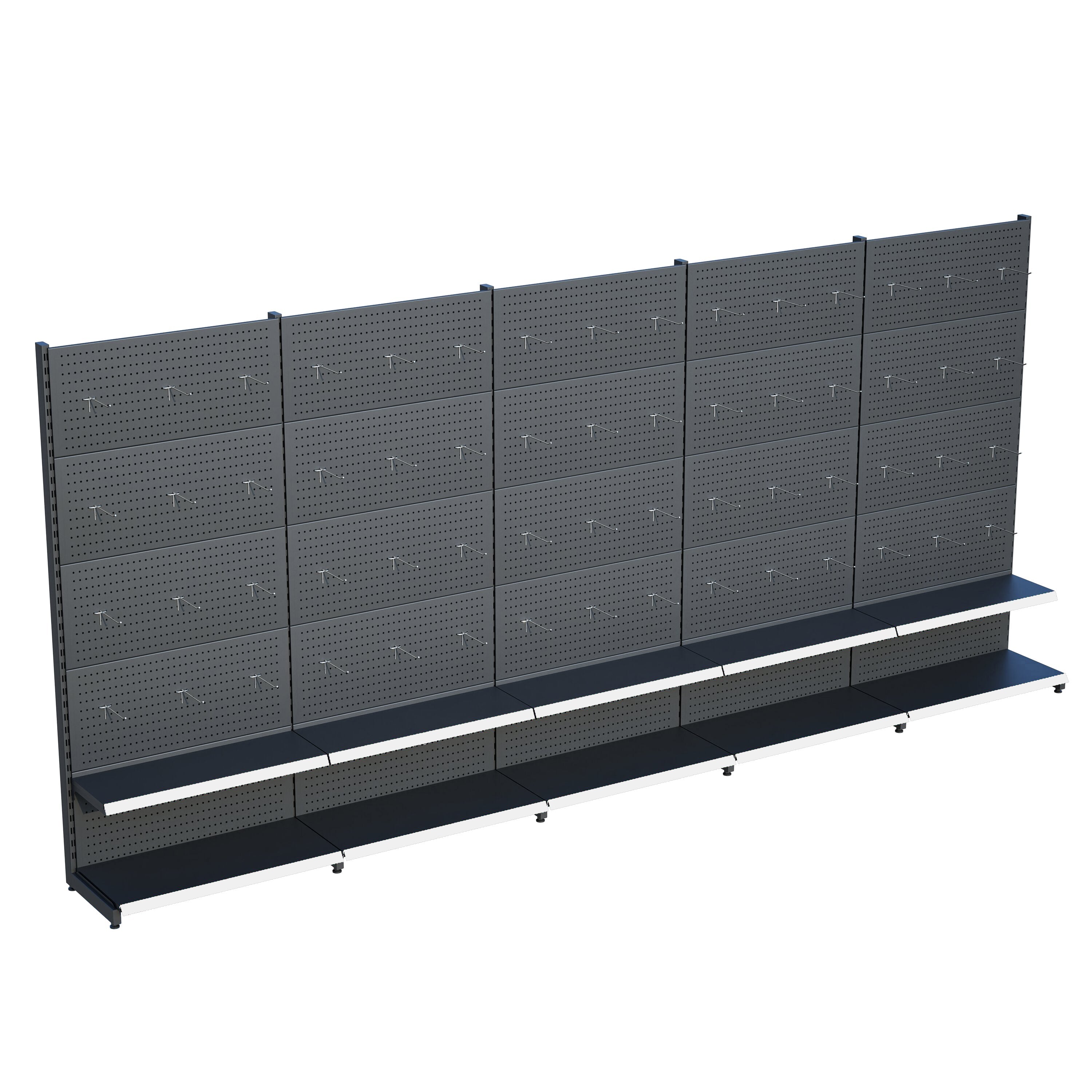 Antrasit Market Petshop Kırtasiye Rafı Hırdavat Rafı D30CMxG400CMxH220CM Antrasit Delikli Pano + Kancalı Raf