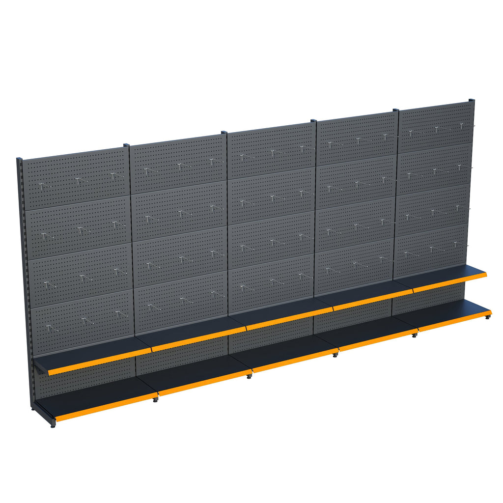 Antrasit Market Petshop Kırtasiye Rafı Hırdavat Rafı D30CMxG500CMxH220CM Antrasit Delikli Pano + Kancalı Raf