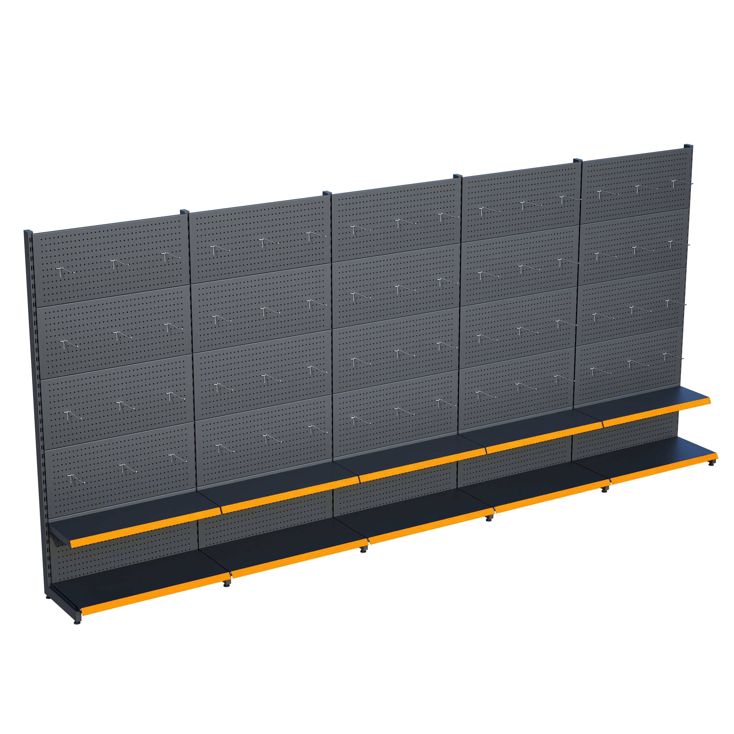 Antrasit Market Petshop Kırtasiye Rafı Hırdavat Rafı D30CMxG500CMxH220CM Antrasit Delikli Pano + Kancalı Raf