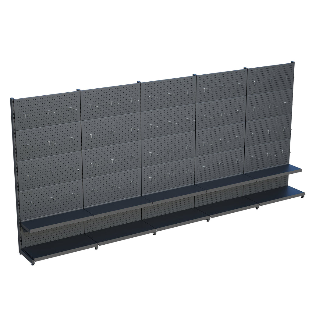 Antrasit Market Petshop Kırtasiye Rafı Hırdavat Rafı D30CMxG500CMxH220CM Antrasit Delikli Pano + Kancalı Raf