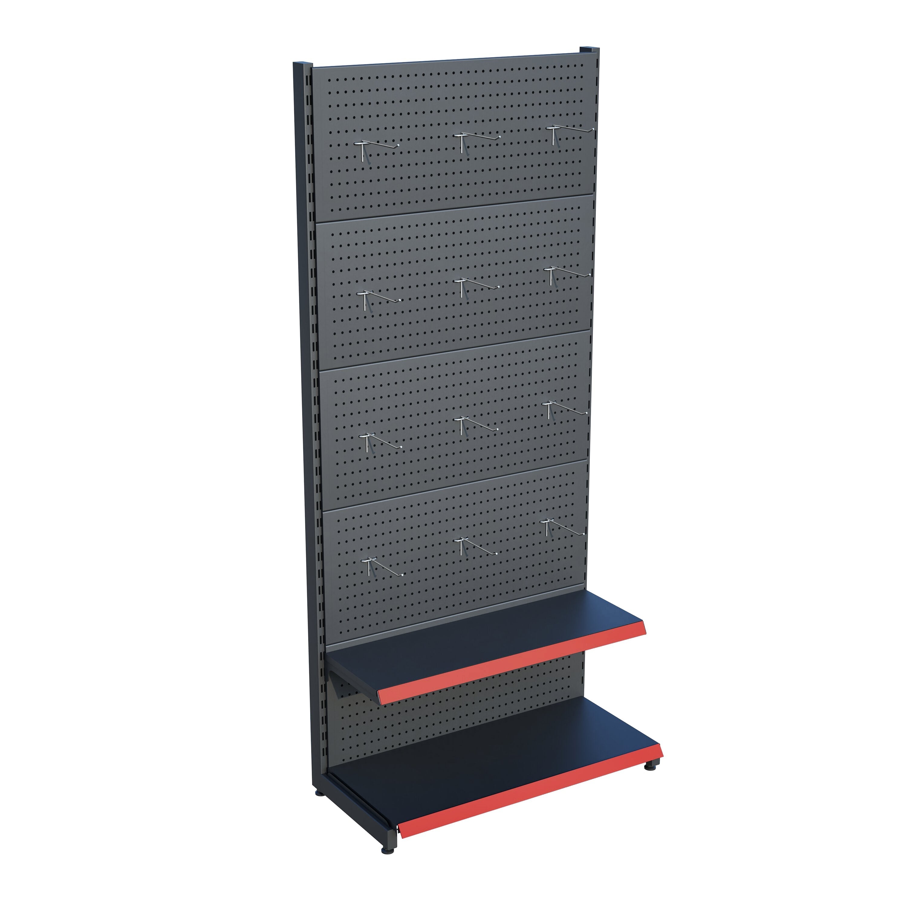 Antrasit Market Petshop Kırtasiye Rafı Hırdavat Rafı D30CMxG70CMxH220CM Antrasit Delikli Pano + Kancalı Raf