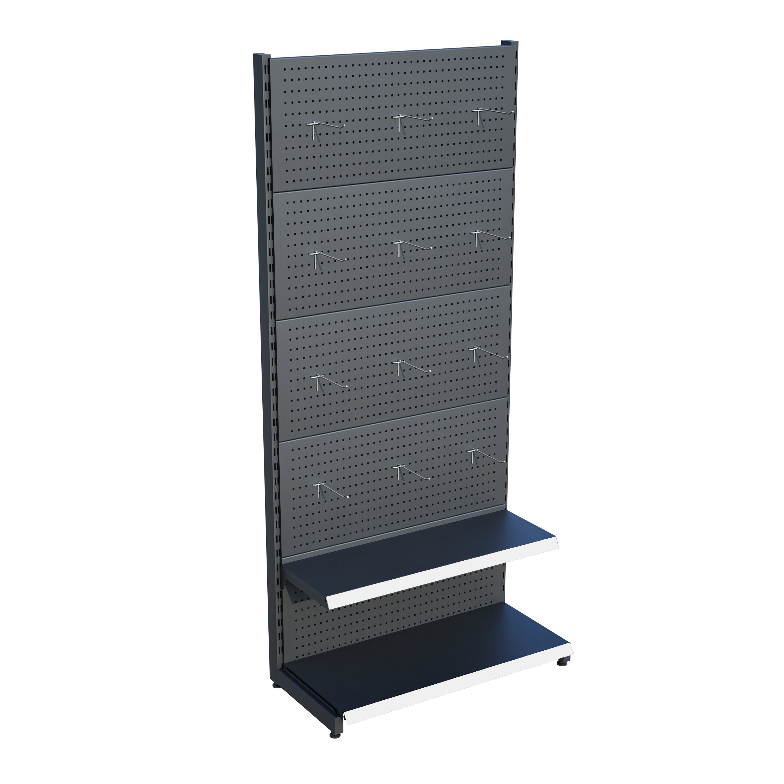 Antrasit Market Petshop Kırtasiye Rafı Hırdavat Rafı D30CMxG70CMxH220CM Antrasit Delikli Pano + Kancalı Raf