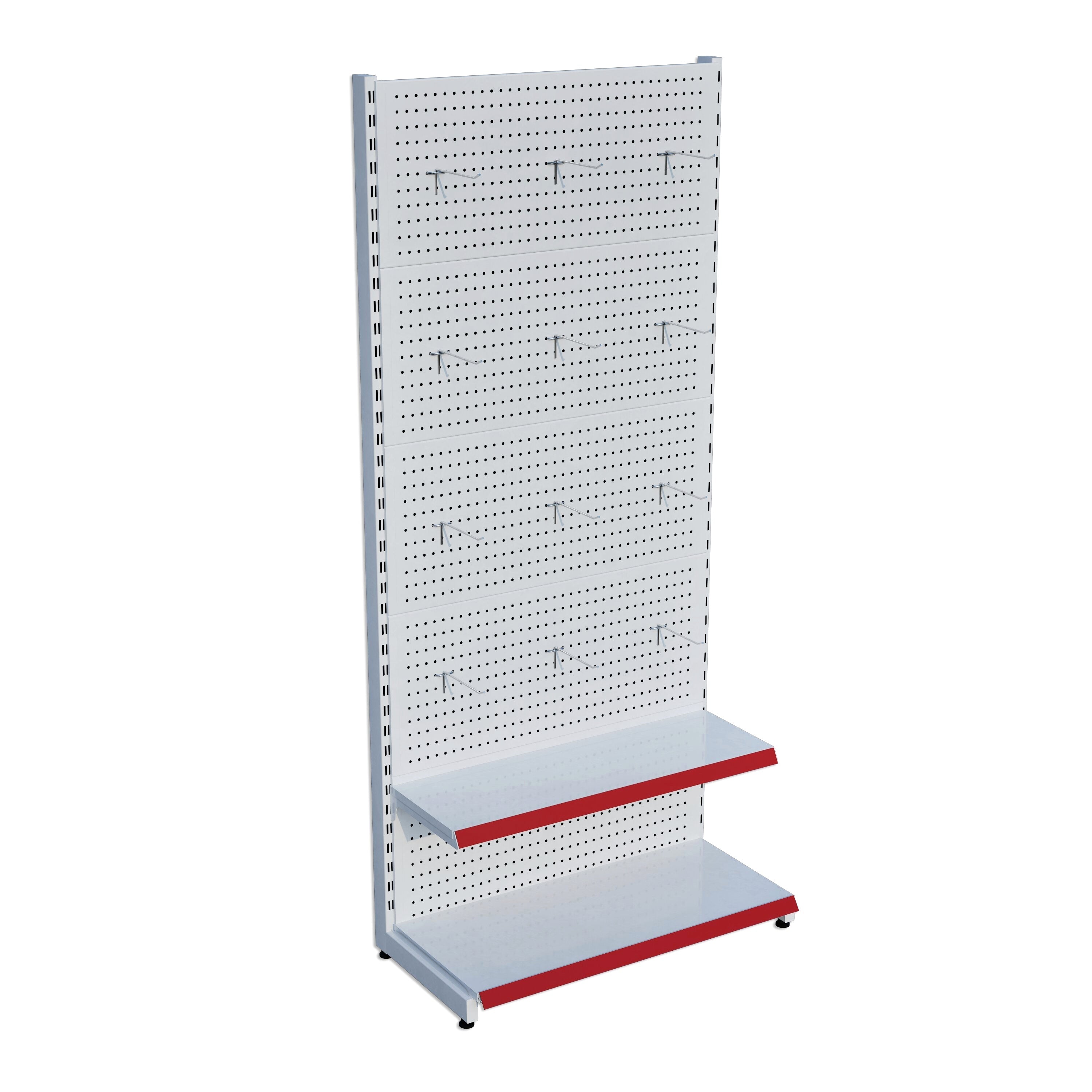 Beyaz Market Petshop Kırtasiye Rafı Hırdavat Rafı D30CMxG100CMxH220CM Beyaz Delikli Pano + Kancalı Raf