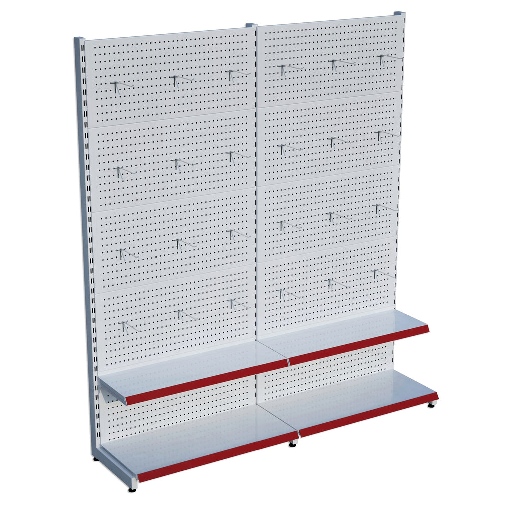 Beyaz Market Petshop Kırtasiye Rafı Hırdavat Rafı D30CMxG140CMxH220CM Beyaz Delikli Pano + Kancalı Raf