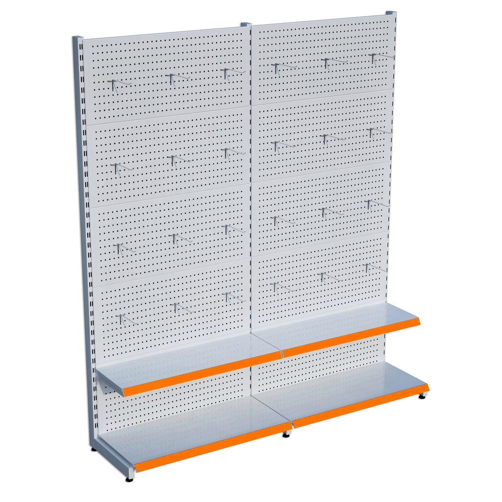 Beyaz Market Petshop Kırtasiye Rafı Hırdavat Rafı D30CMxG140CMxH220CM Beyaz Delikli Pano + Kancalı Raf