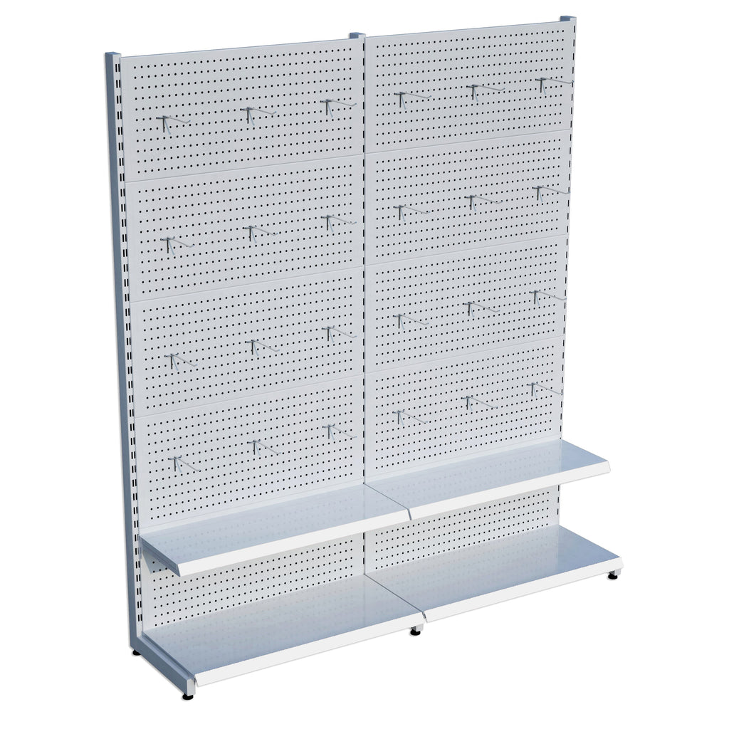 Beyaz Market Petshop Kırtasiye Rafı Hırdavat Rafı D30CMxG140CMxH220CM Beyaz Delikli Pano + Kancalı Raf