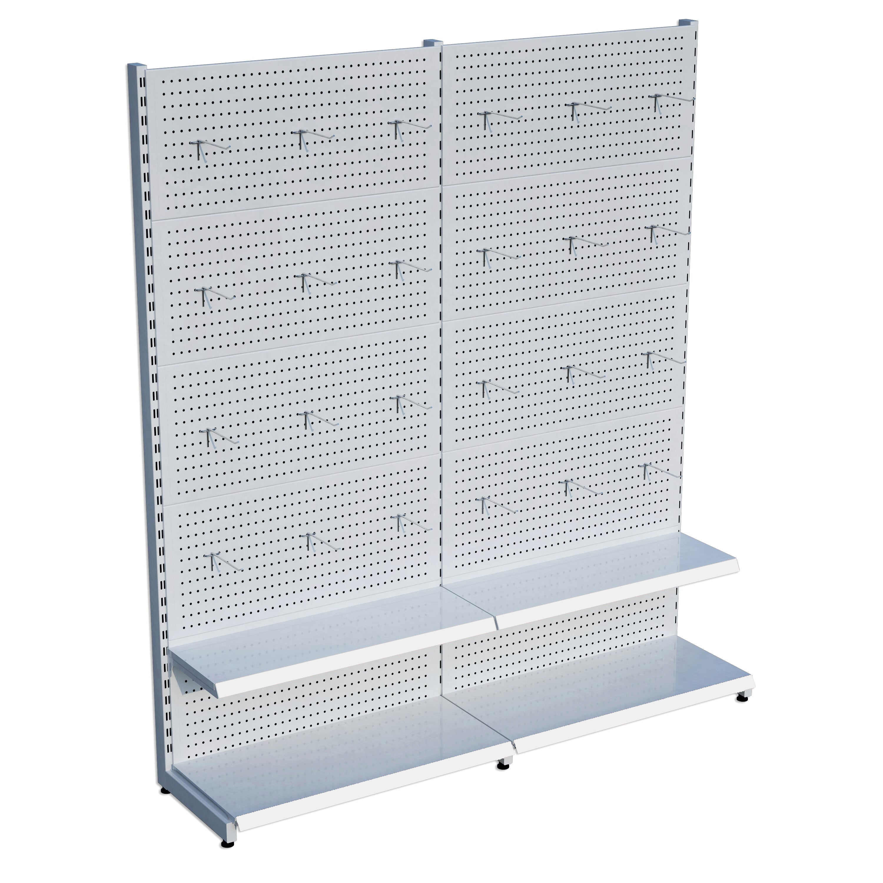 Beyaz Market Petshop Kırtasiye Rafı Hırdavat Rafı D30CMxG140CMxH220CM Beyaz Delikli Pano + Kancalı Raf