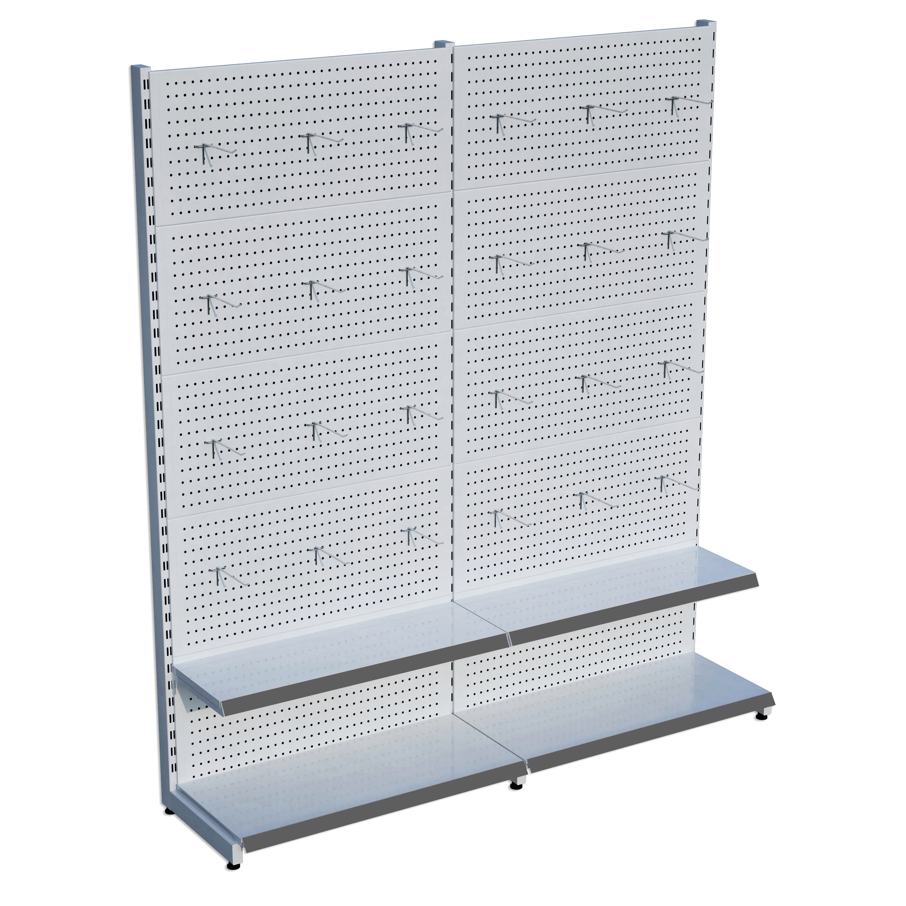 Beyaz Market Petshop Kırtasiye Rafı Hırdavat Rafı D30CMxG160CMxH220CM Beyaz Delikli Pano + Kancalı Raf