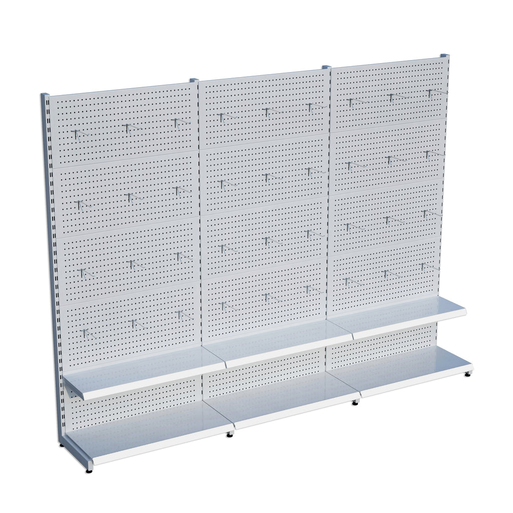 Beyaz Market Petshop Kırtasiye Rafı Hırdavat Rafı D30CMxG180CMxH220CM Beyaz Delikli Pano + Kancalı Raf