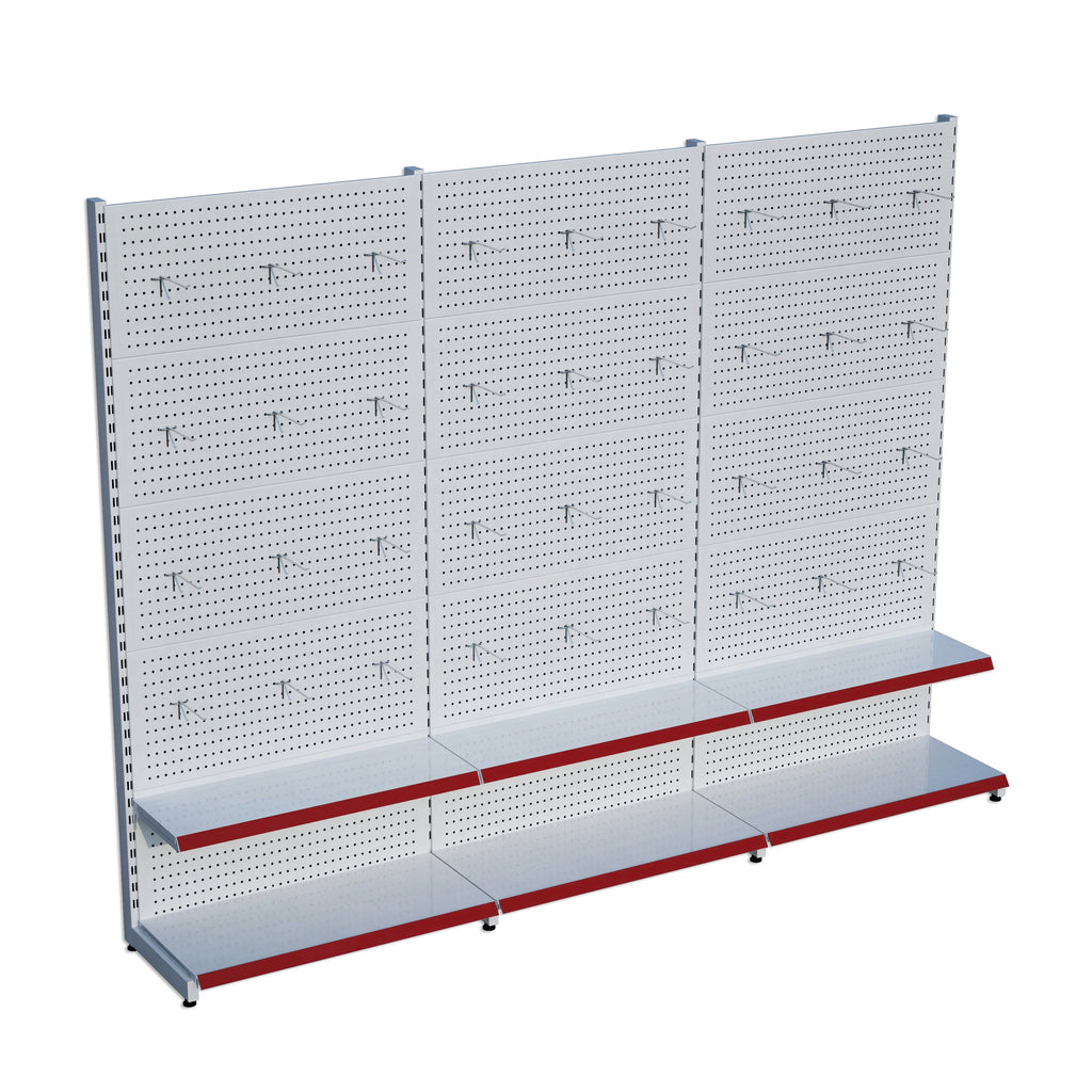 Beyaz Market Petshop Kırtasiye Rafı Hırdavat Rafı D30CMxG180CMxH220CM Beyaz Delikli Pano + Kancalı Raf