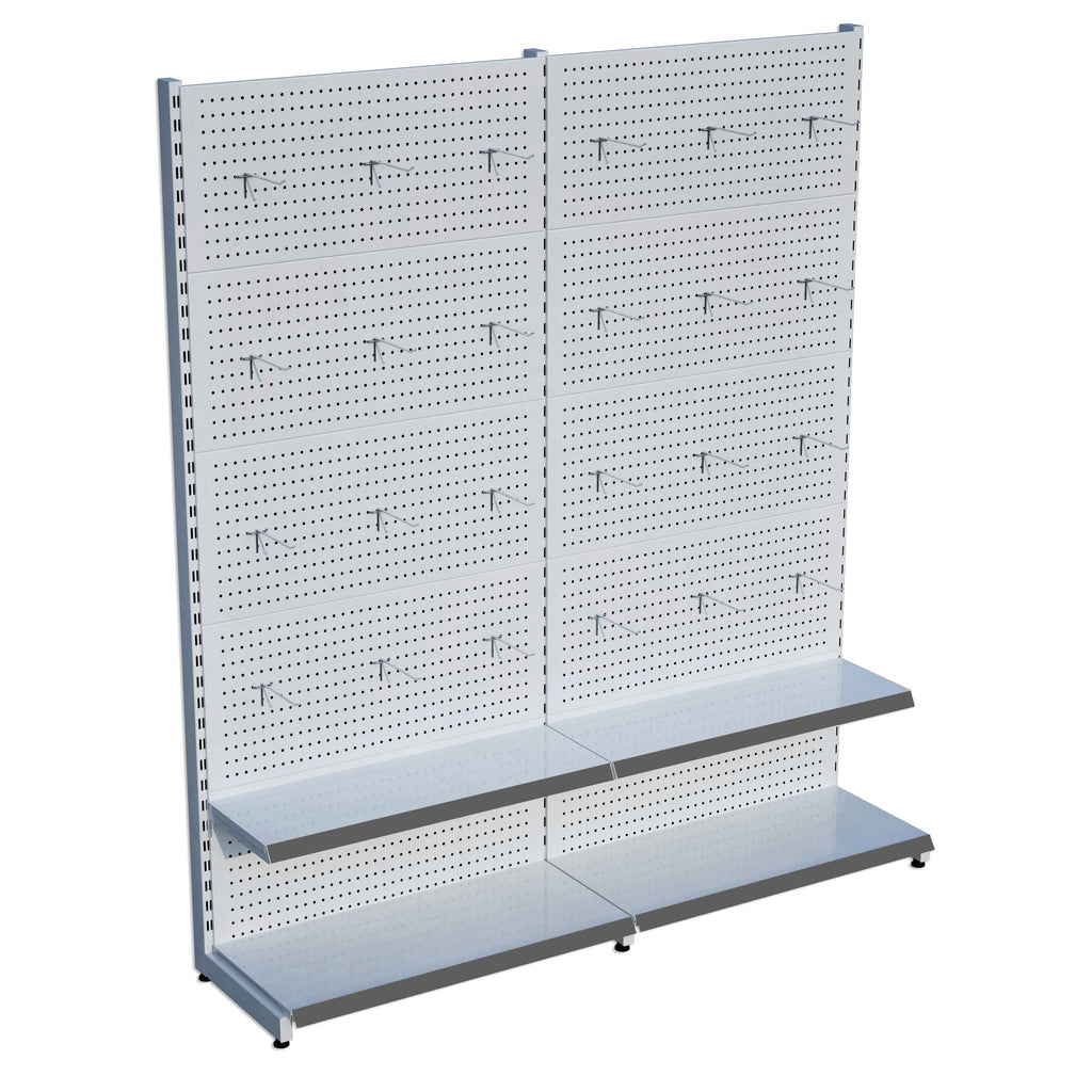 Beyaz Market Petshop Kırtasiye Rafı Hırdavat Rafı D30CMxG200CMxH220CM Beyaz Delikli Pano + Kancalı Raf