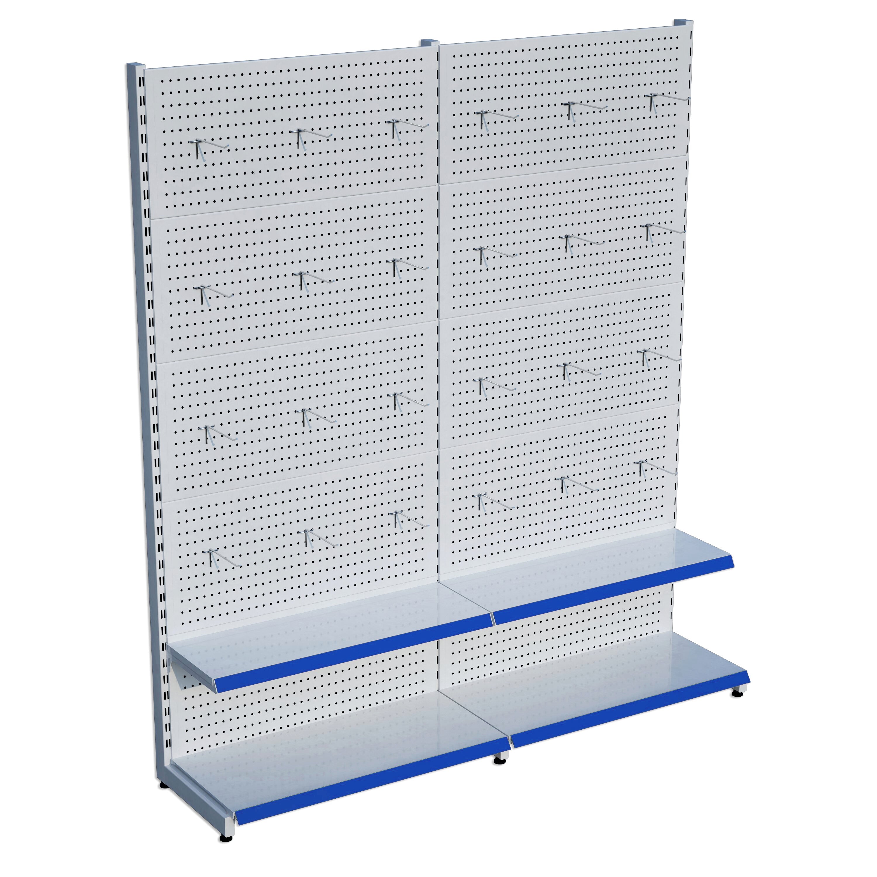 Beyaz Market Petshop Kırtasiye Rafı Hırdavat Rafı D30CMxG200CMxH220CM Beyaz Delikli Pano + Kancalı Raf