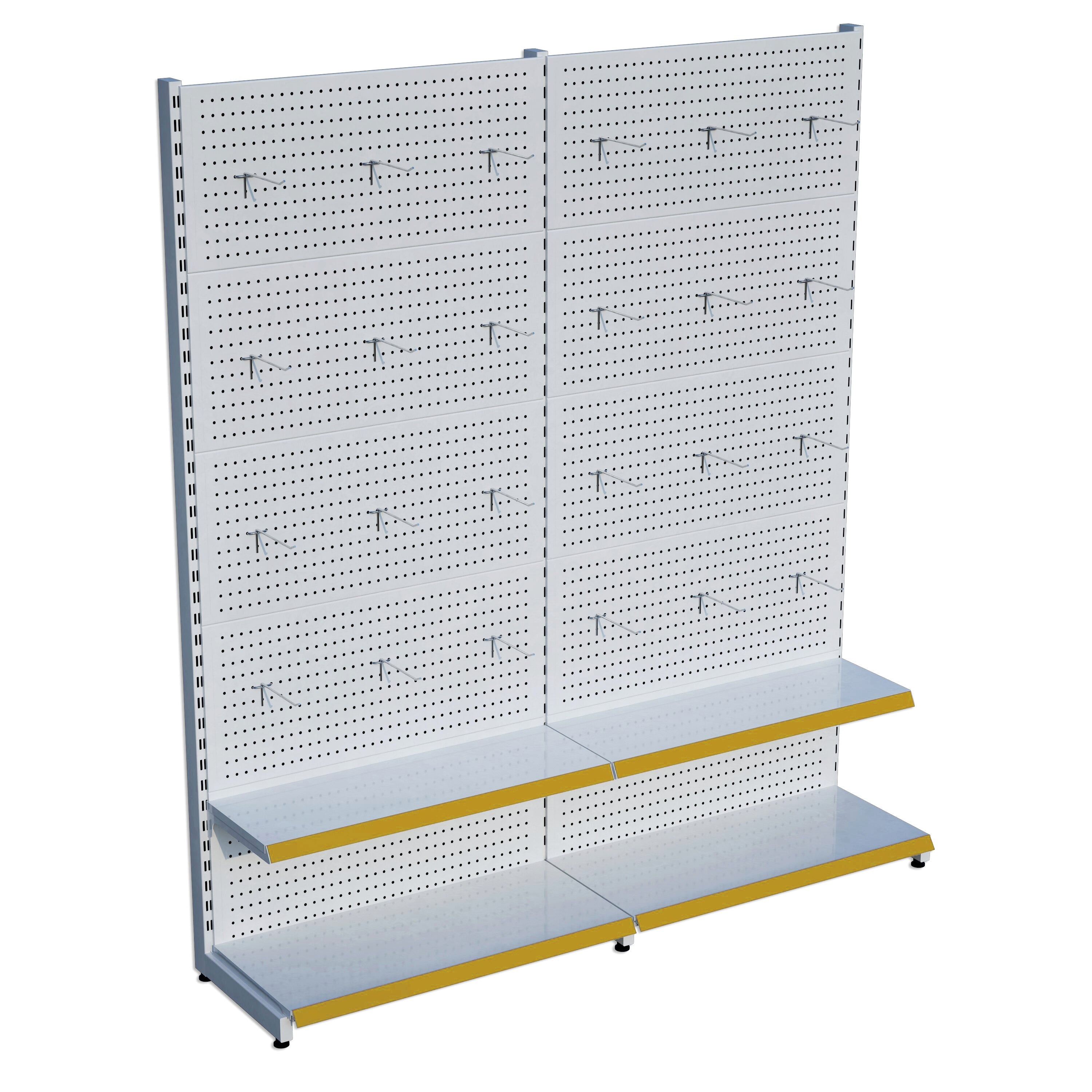 Beyaz Market Petshop Kırtasiye Rafı Hırdavat Rafı D30CMxG200CMxH220CM Beyaz Delikli Pano + Kancalı Raf