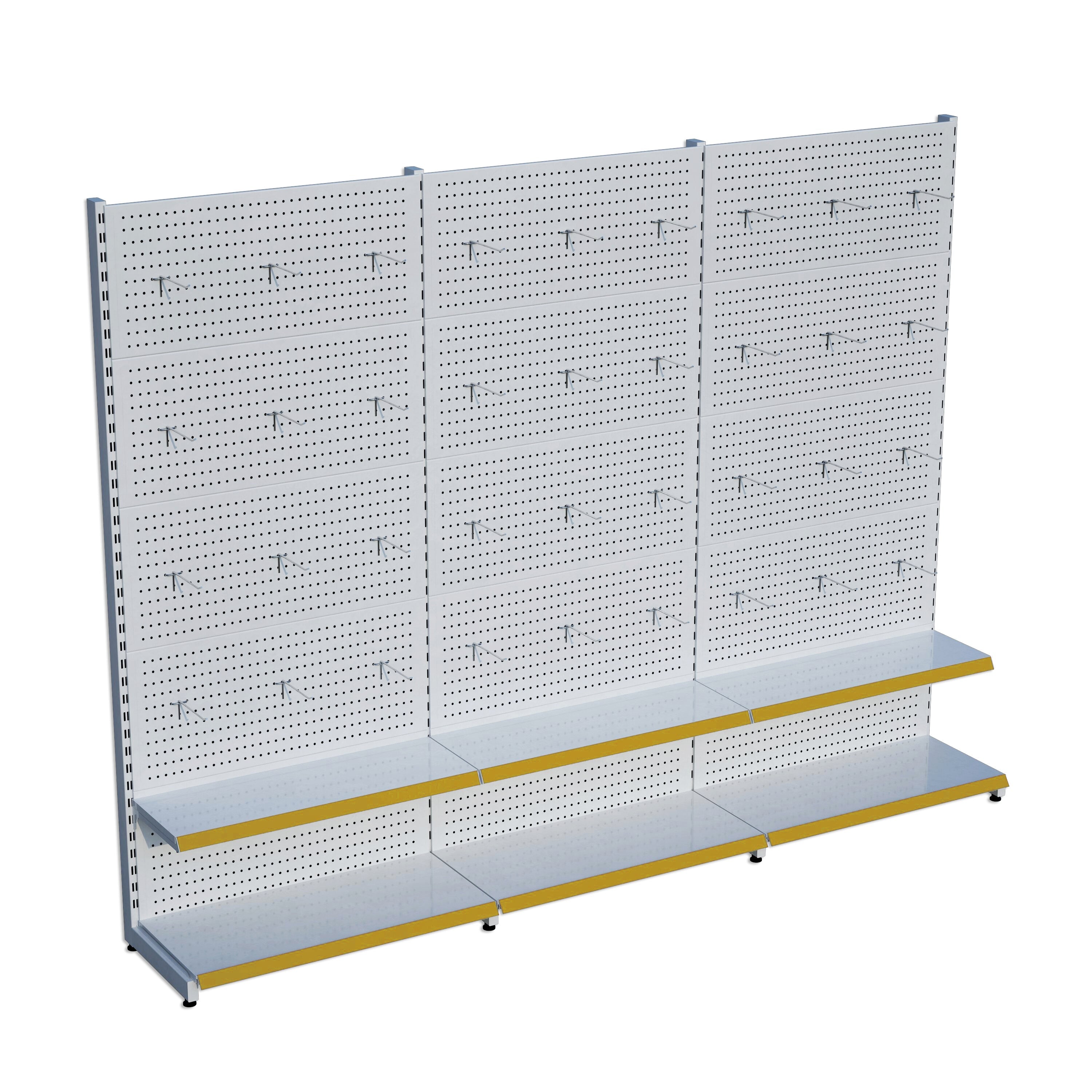 Beyaz Market Petshop Kırtasiye Rafı Hırdavat Rafı D30CMxG210CMxH220CM Beyaz Delikli Pano + Kancalı Raf