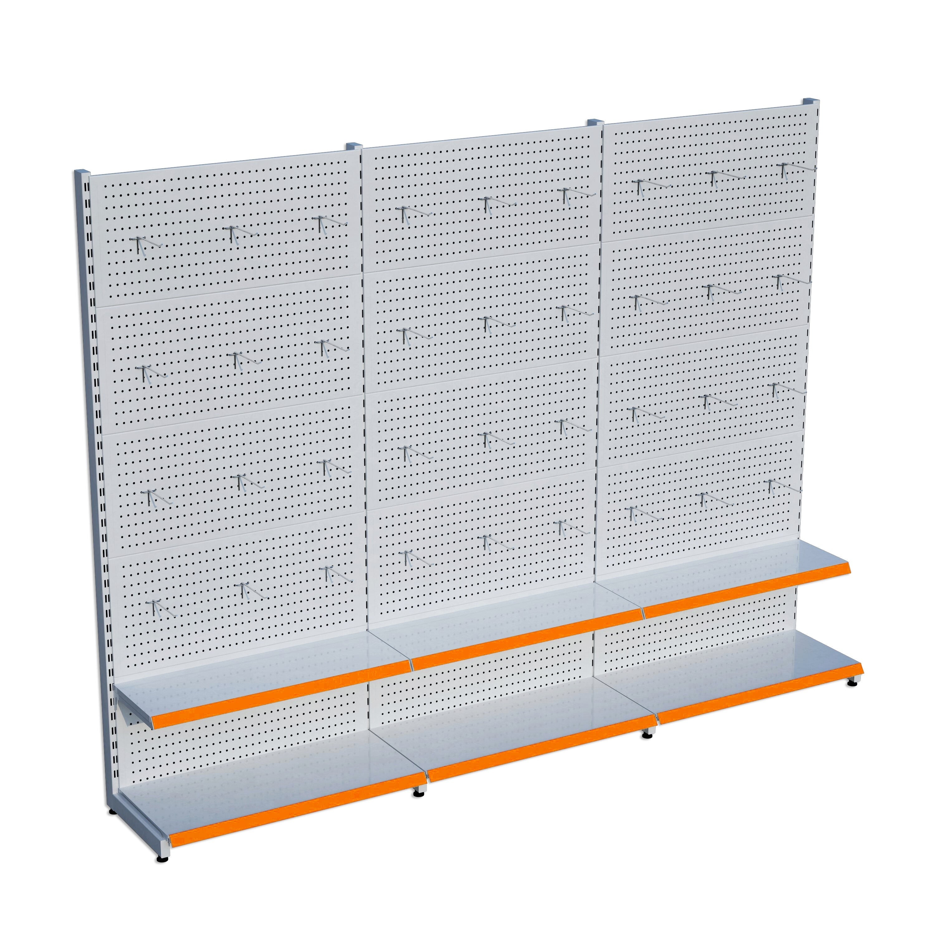 Beyaz Market Petshop Kırtasiye Rafı Hırdavat Rafı D30CMxG240CMxH220CM Beyaz Delikli Pano + Kancalı Raf