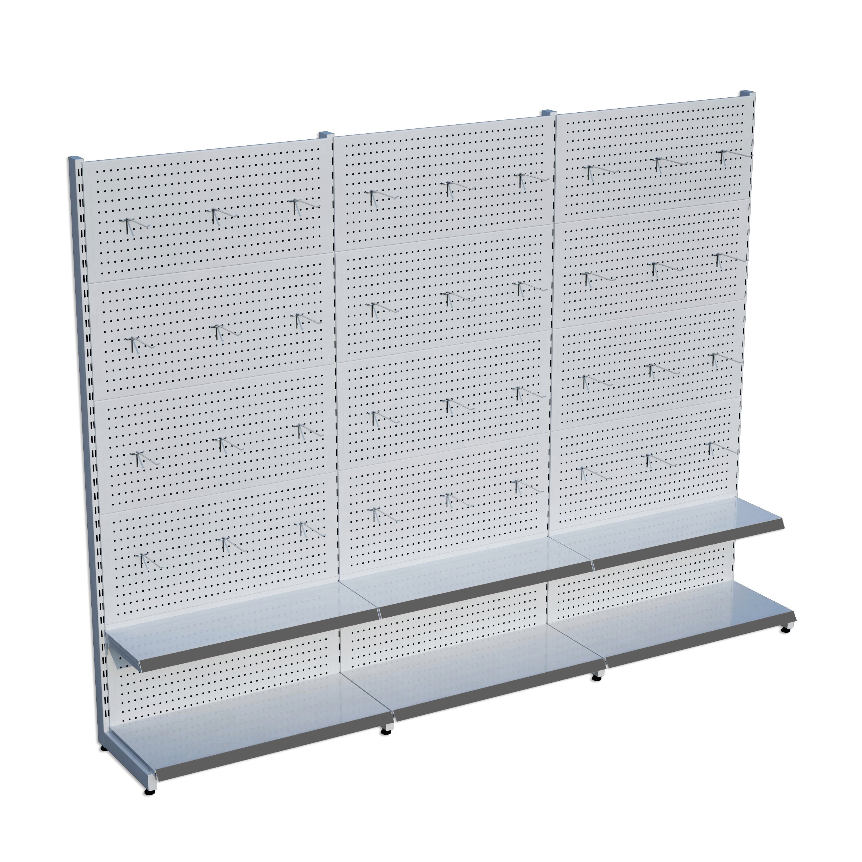 Beyaz Market Petshop Kırtasiye Rafı Hırdavat Rafı D30CMxG240CMxH220CM Beyaz Delikli Pano + Kancalı Raf